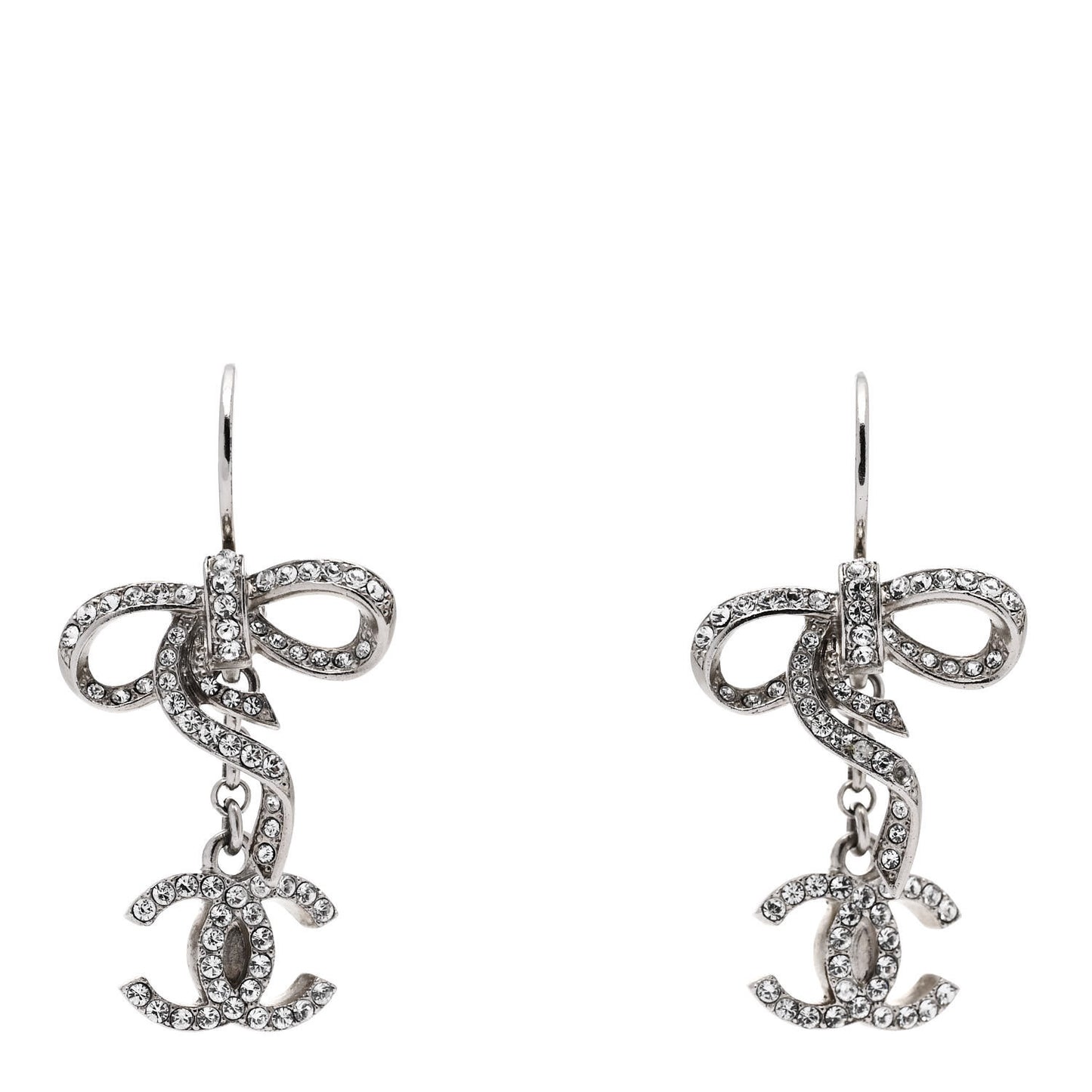 Crystal CC Bow Drop Earrings Silver