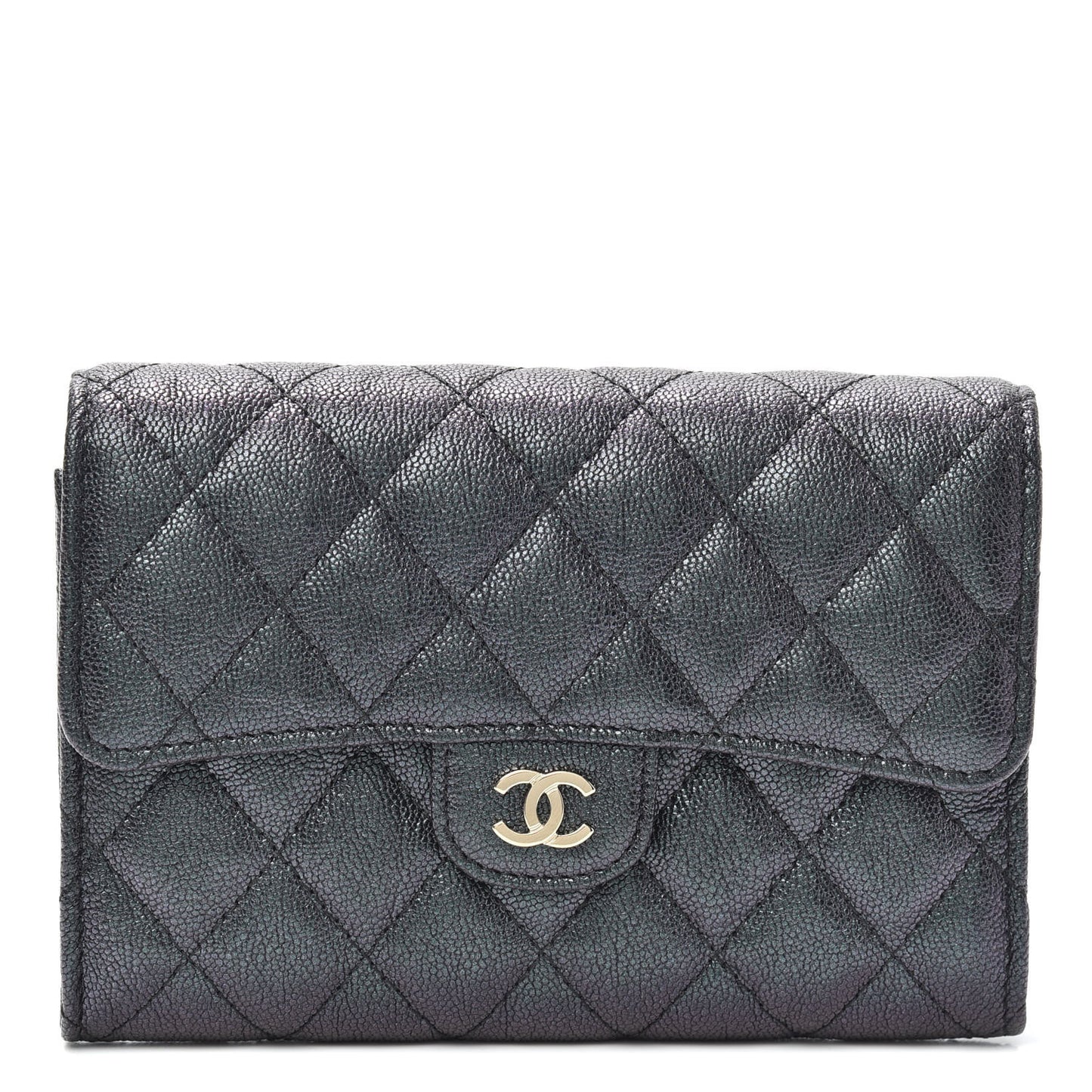 Iridescent Caviar Quilted Medium Flap Wallet Black