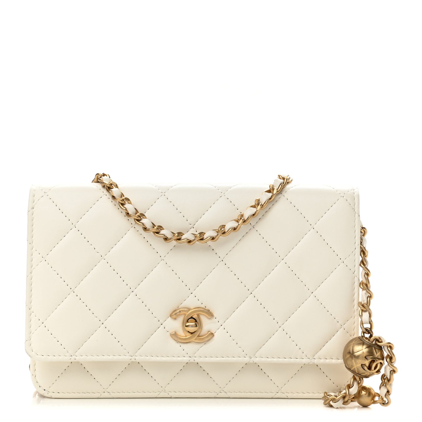 Lambskin Quilted CC Pearl Crush Wallet on Chain WOC White