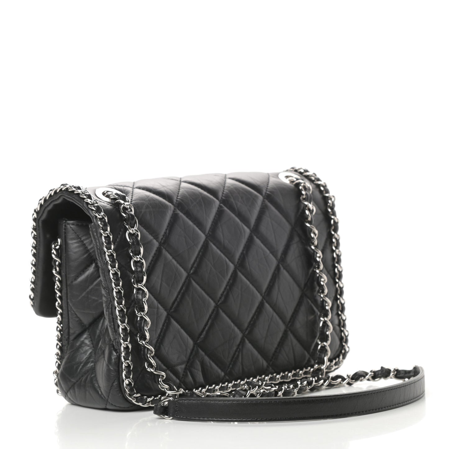 Crumpled Calfskin Medium Chain All Over Flap Black