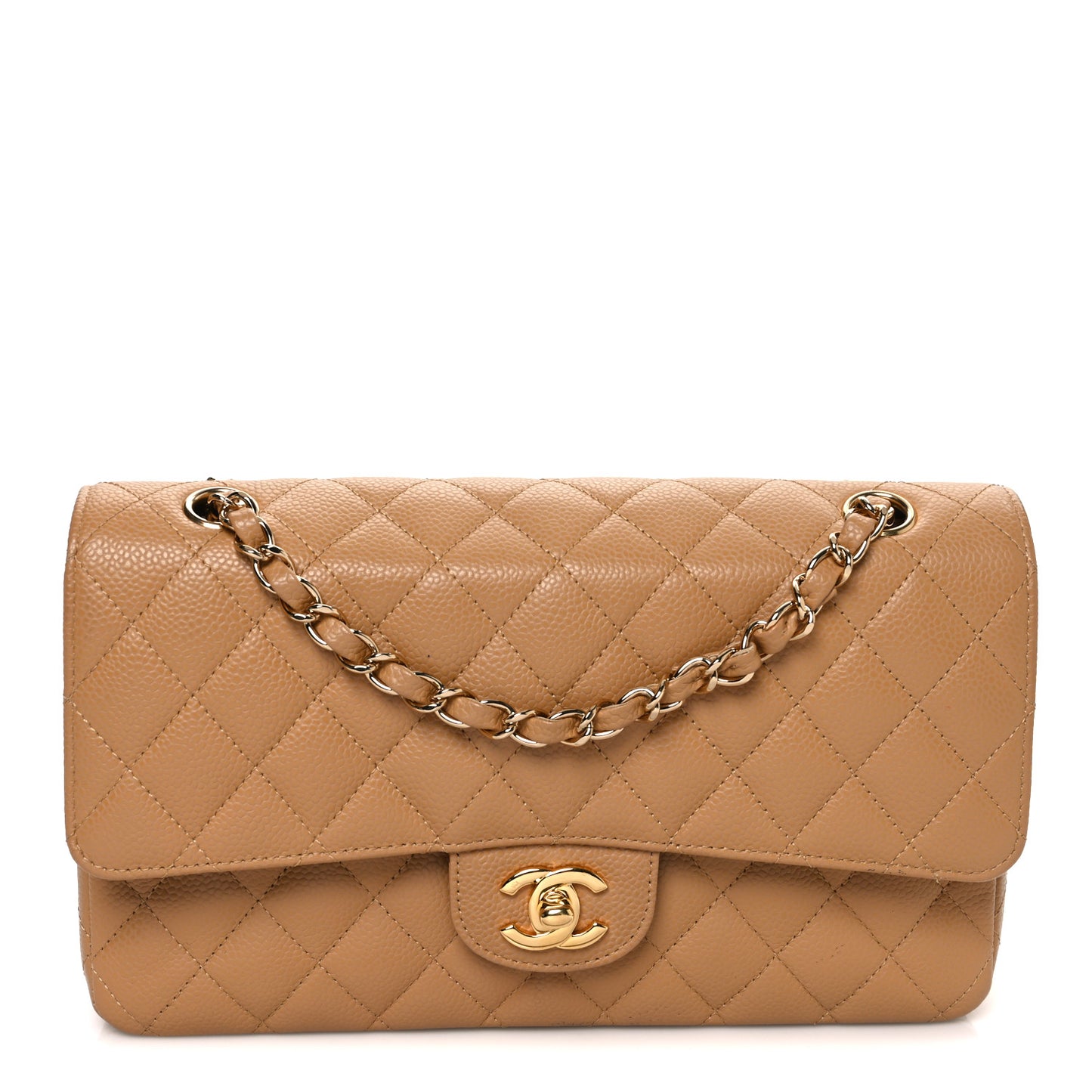 Caviar Quilted Medium Double Flap Beige