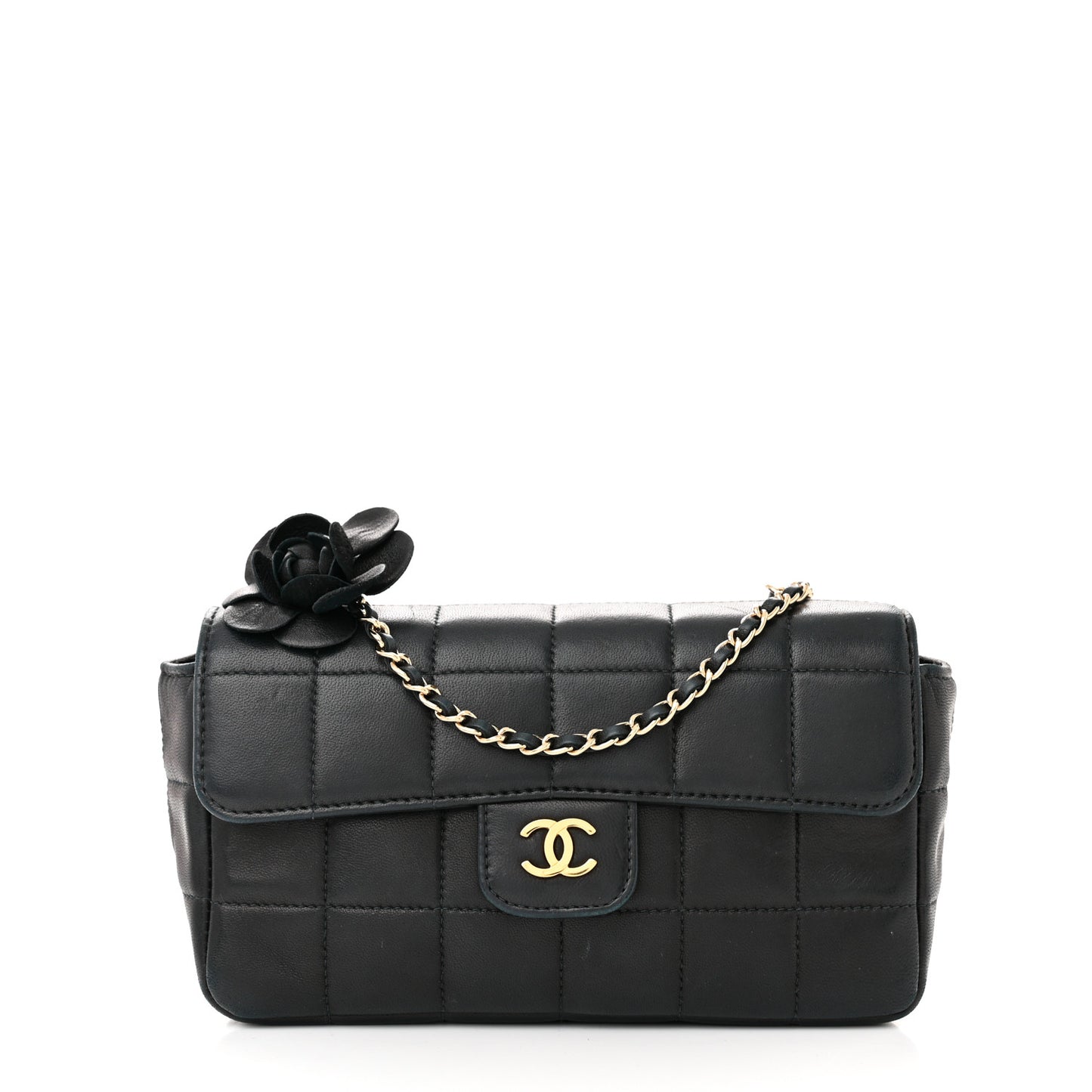Lambskin Quilted Mini Chocolate Bar Camellia Flap Black