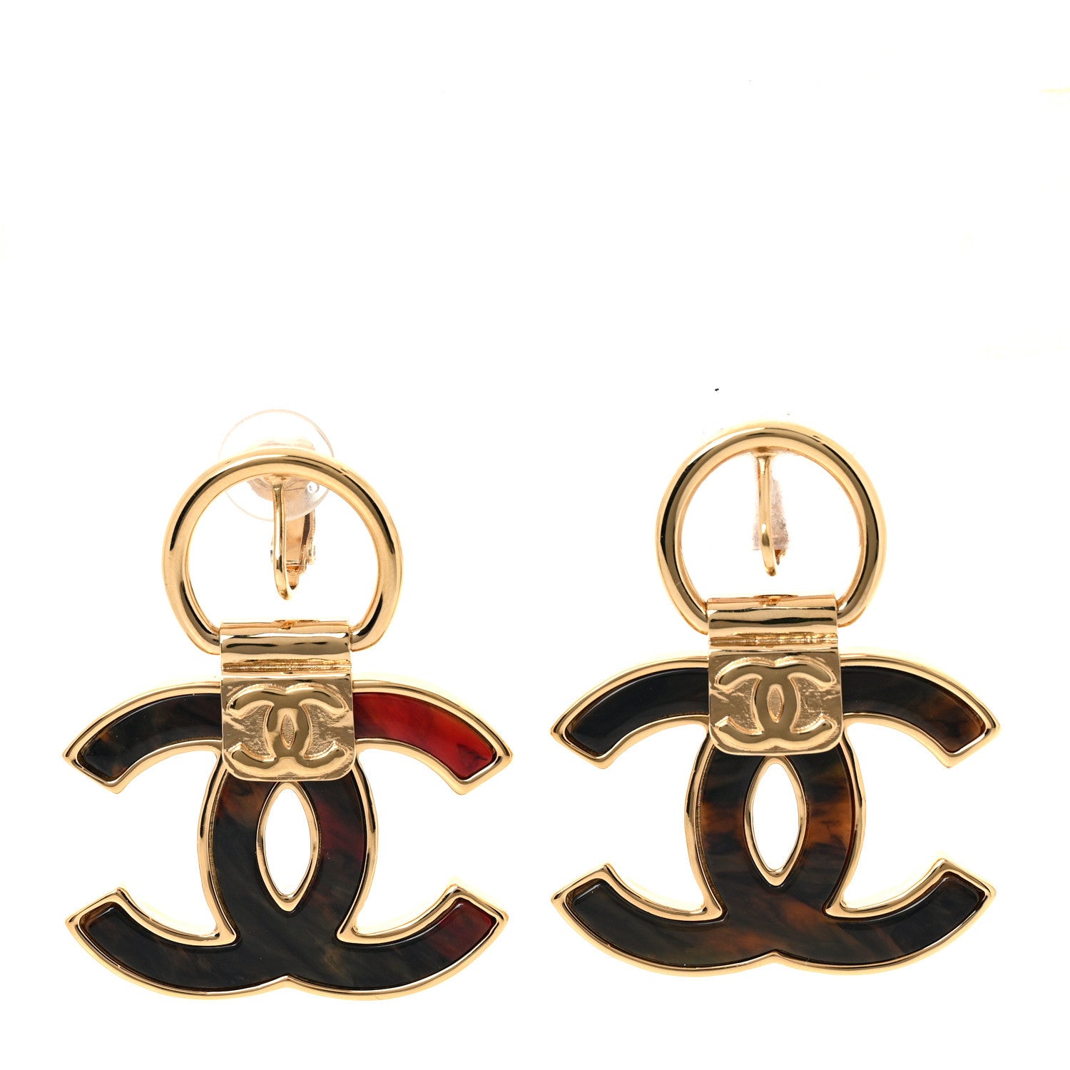 Chanel Metal Resin CC Clip On Earrings Gold Orange Black 1385358