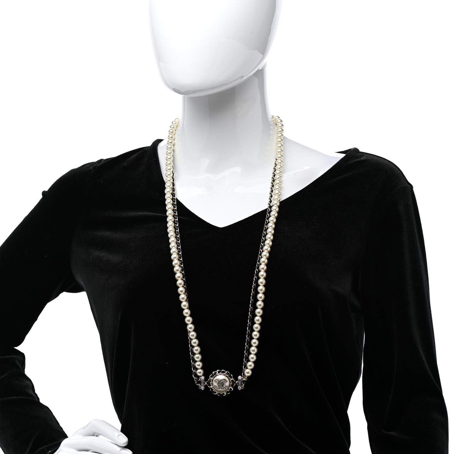 Pearl Crystal Lambskin CC Long Necklace Gold Black