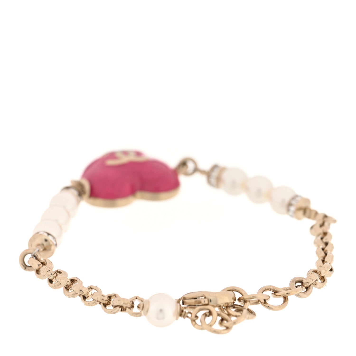 Chanel Resin Crystal Pearl Chain Heart CC Bracelet Pink White Gold 4 of 6