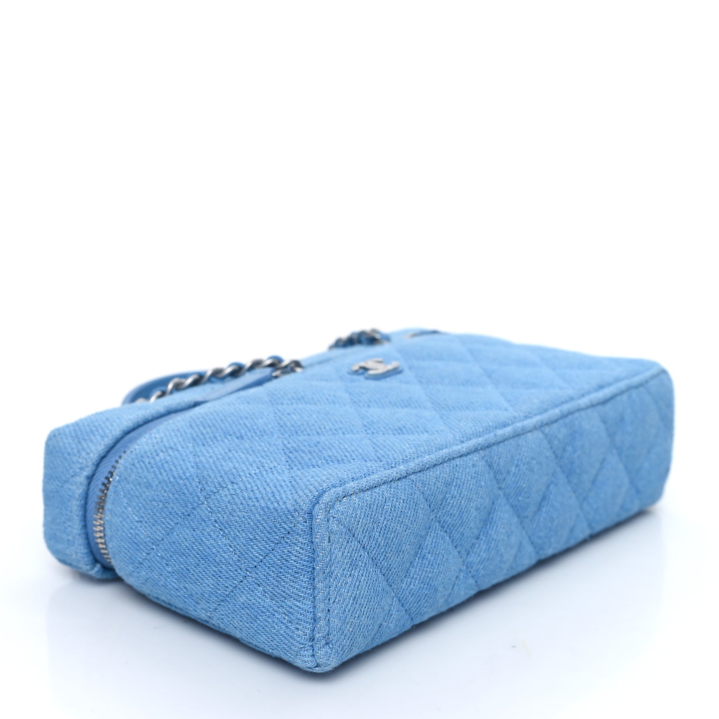 Denim Quilted Top Handle Slim Vanity Case With Chain Blue
