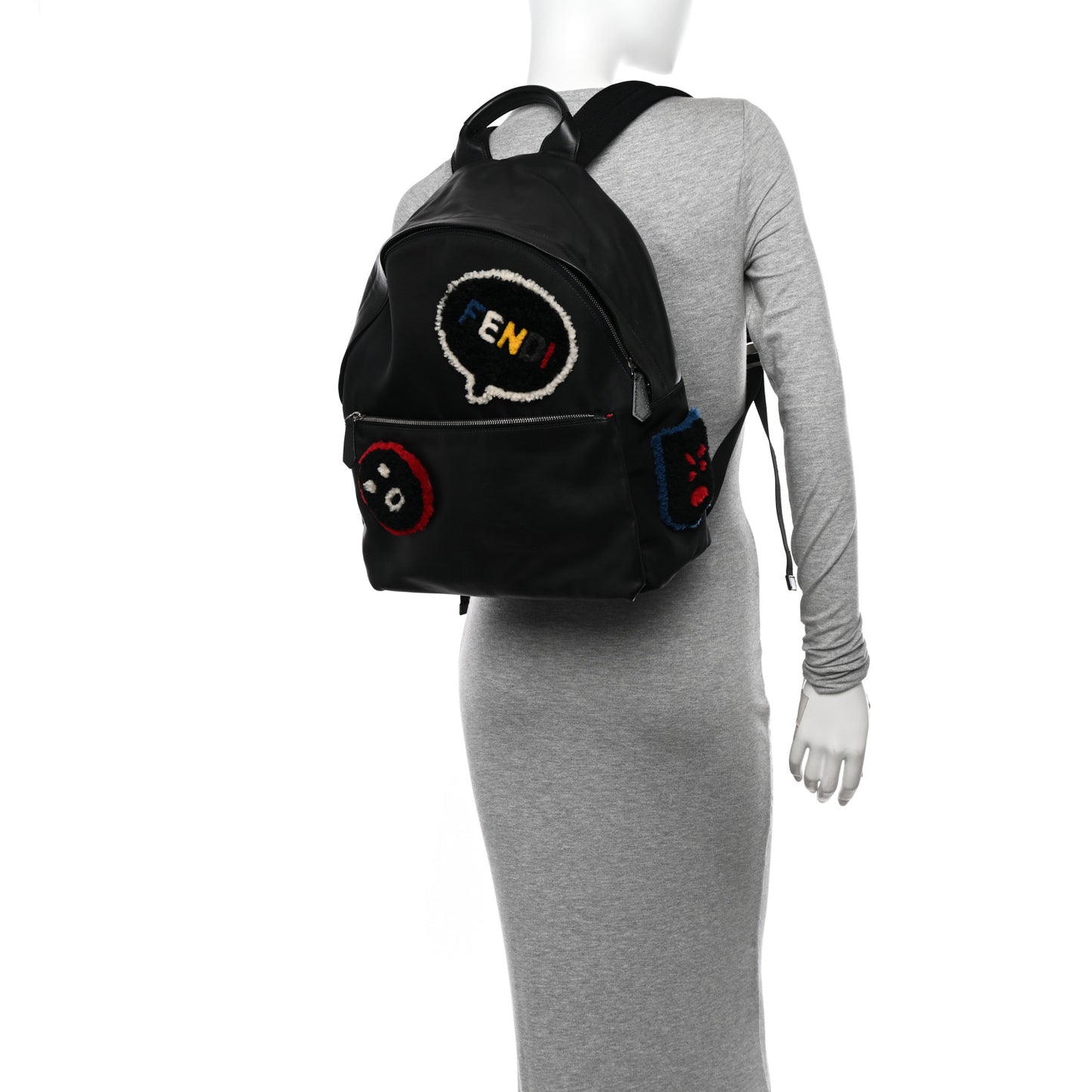Nylon Calfskin Shearling Emoticon Backpack Black
