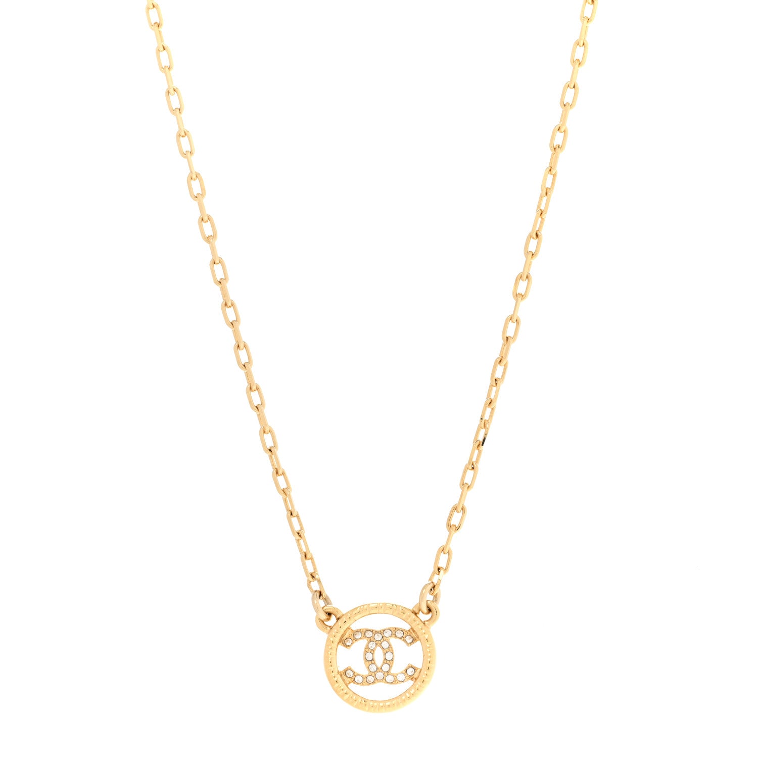 Chanel Crystal Metal CC Round Pendant Necklace Gold 1 of 6