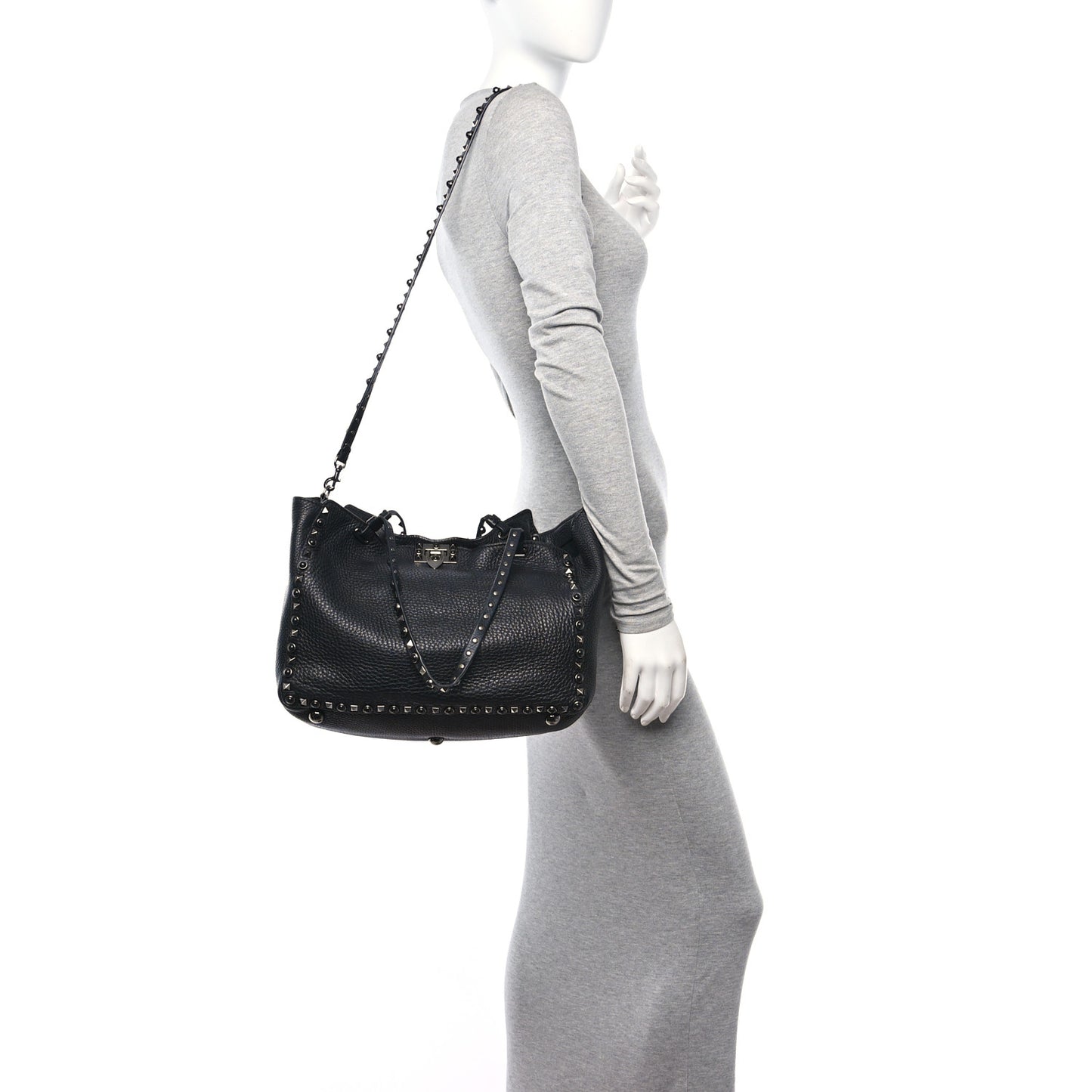 Grained Calfskin Onyx Medium Rockstud Rolling Tote Black