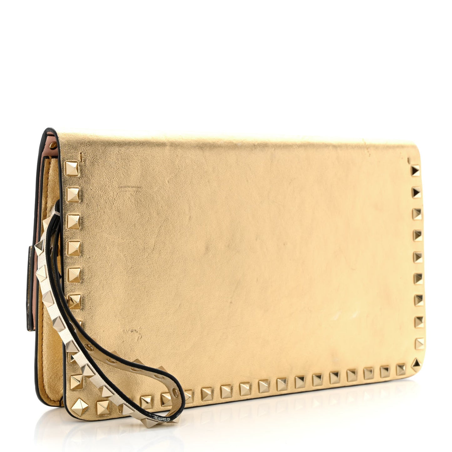 Metallic Calfskin Rockstud Side Slip Wristlet Clutch Gold