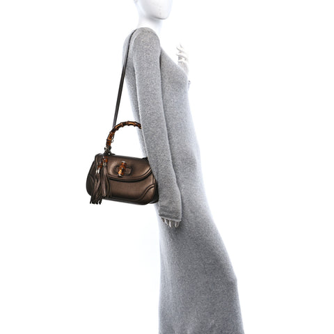 Metallic Calfskin Medium New Bamboo Top Handle Bag Bronze
