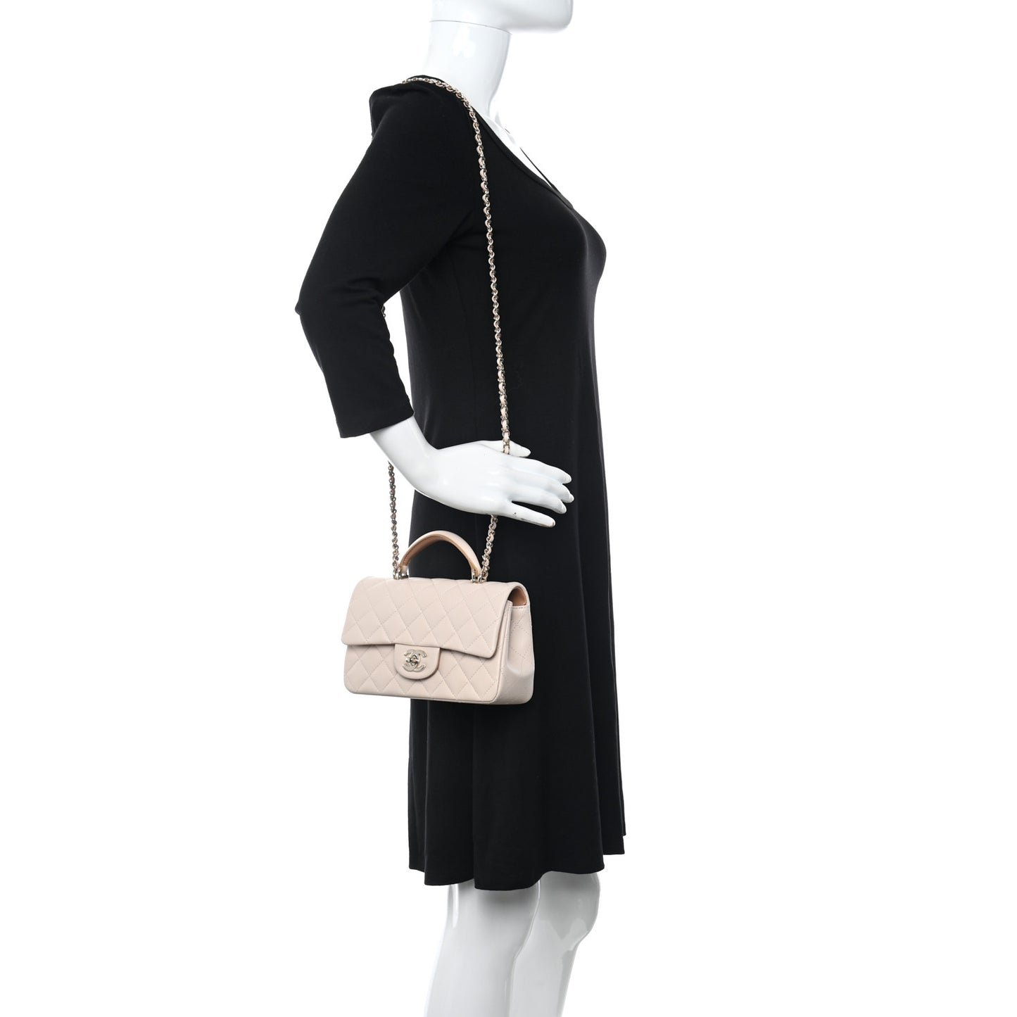 Lambskin Quilted Bi-Color Mini Top Handle Rectangular Flap Ecru Dark Beige