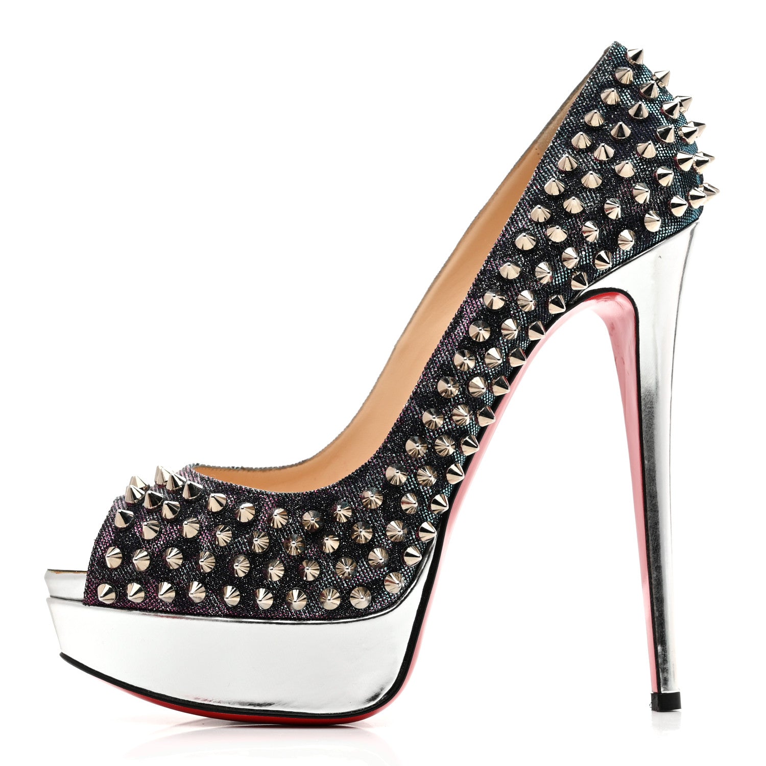 Christian Louboutin Lame Satin Lady Peep Spikes 150 Pumps 39
