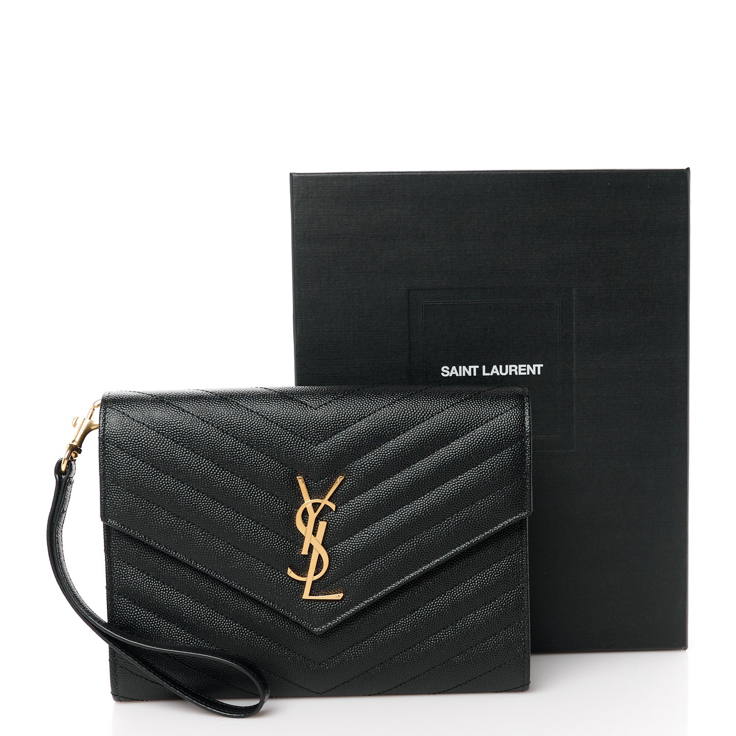 Grain De Poudre Matelasse Chevron Monogram Envelope Clutch Black