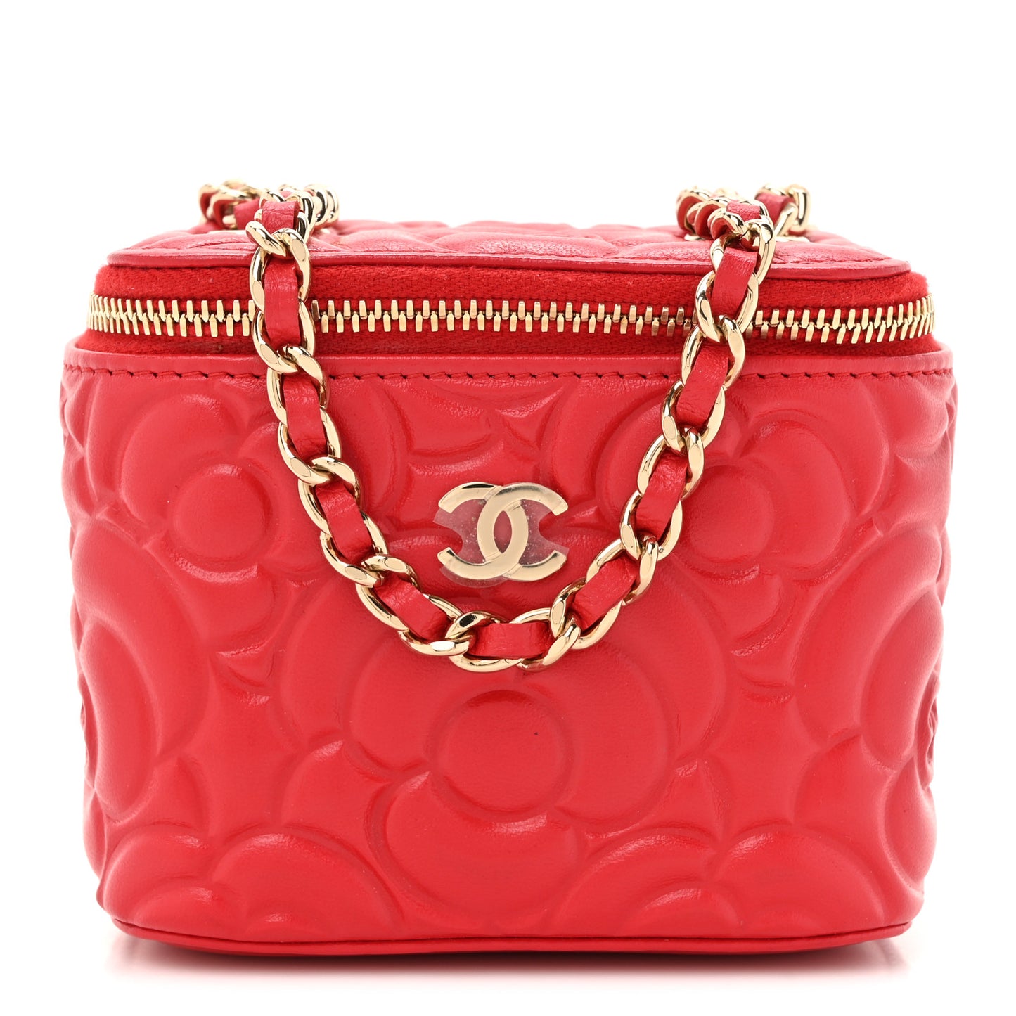Lambskin Camellia Embossed Mini Vanity Case With Chain Red