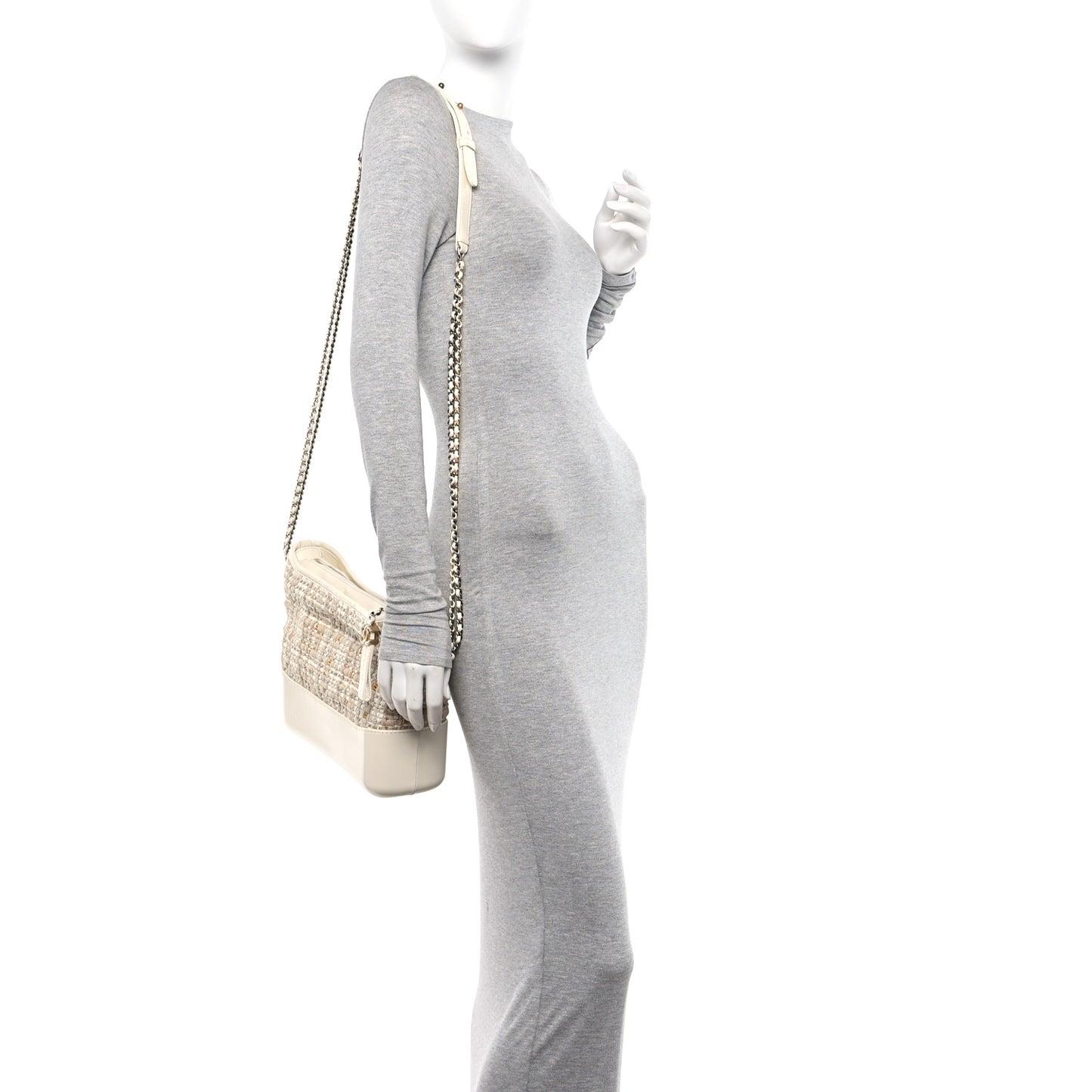 Tweed Calfskin Quilted Medium Gabrielle Hobo Beige Ivory