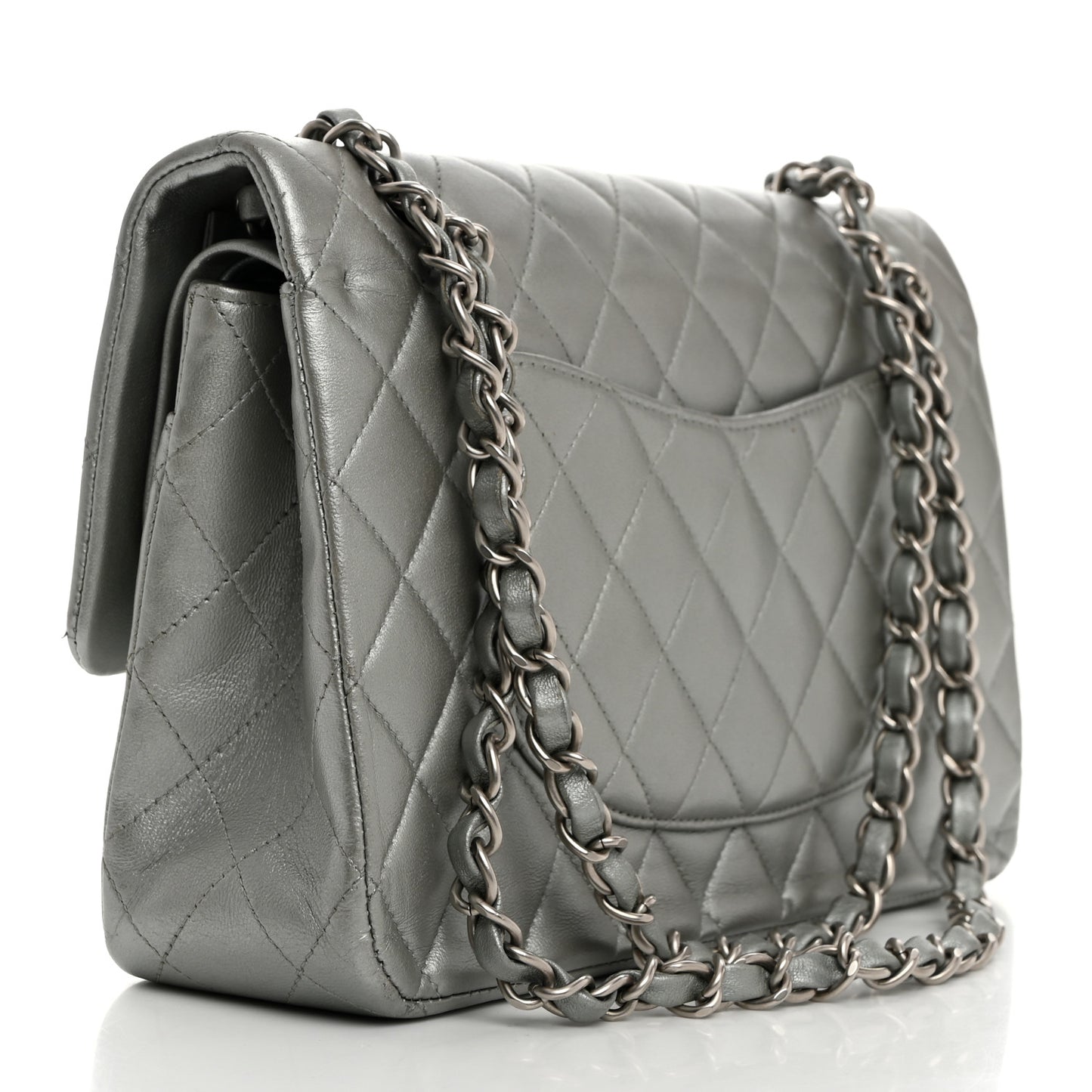 Metallic Lambskin Quilted Medium Double Flap Silver