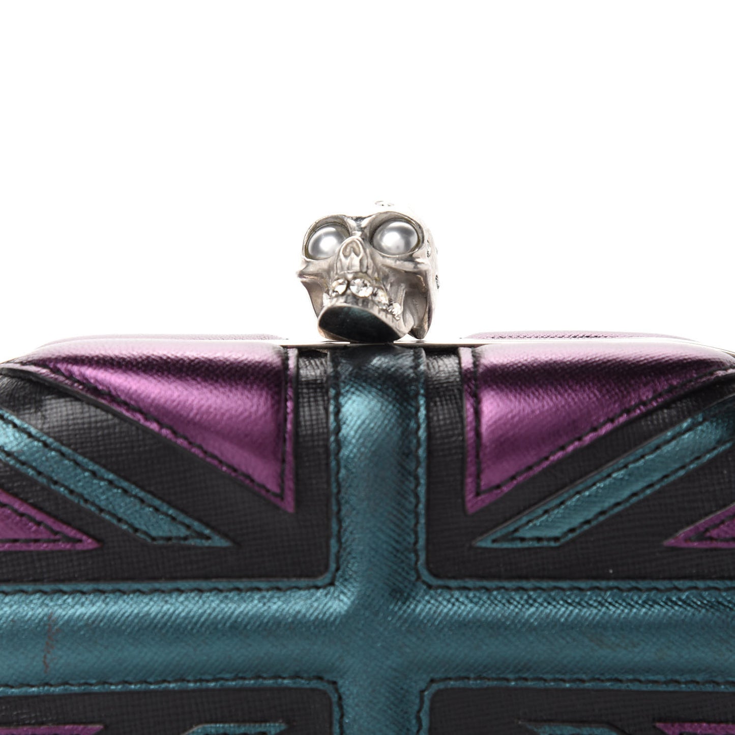 Metallic Saffiano Britannia Skull Box Clutch Green Black Purple