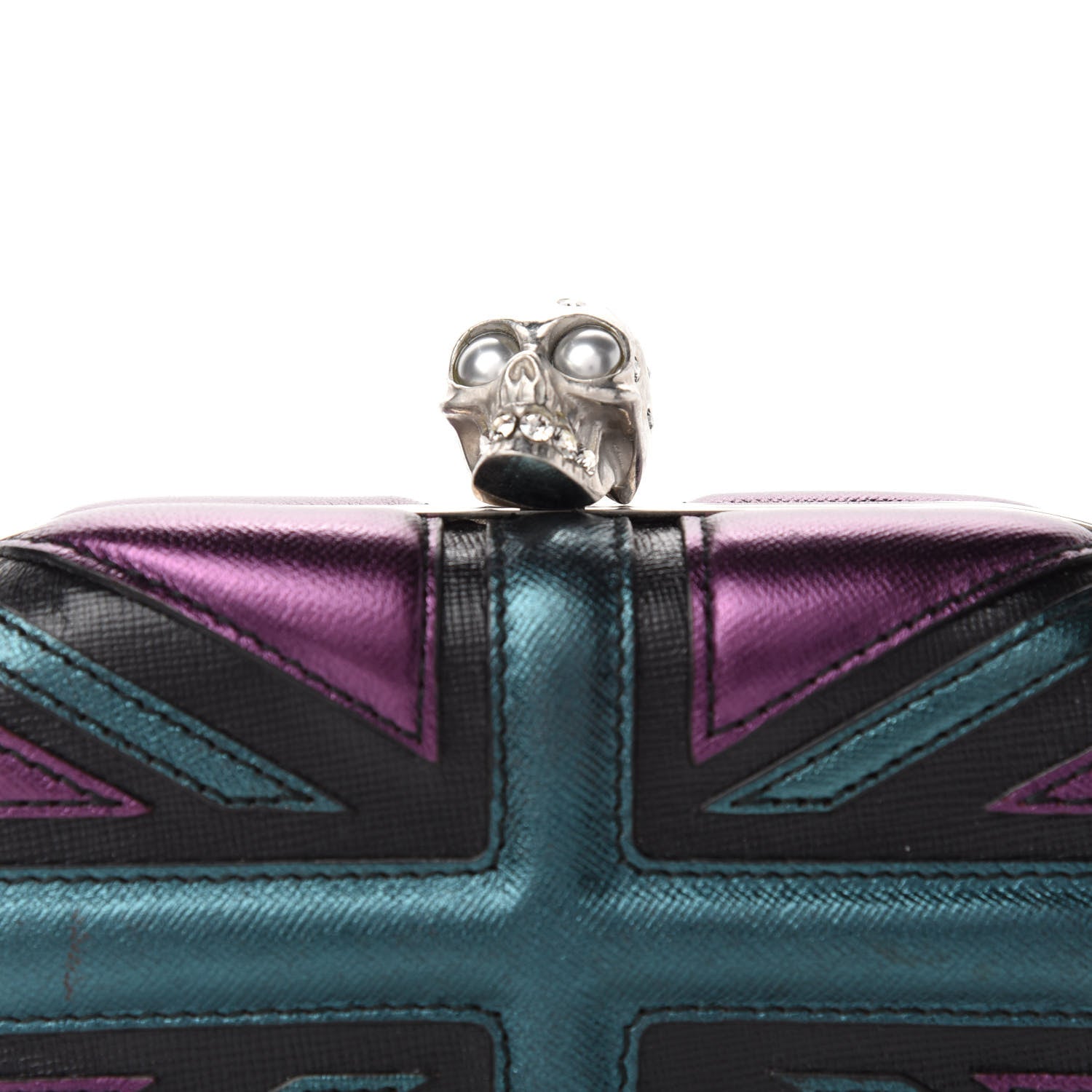Alexander McQueen Metallic Saffiano Britannia Skull Box Clutch Green Black Purple 10 of 10