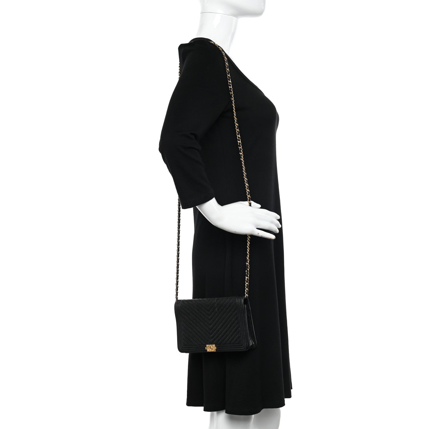 Chanel Caviar Chevron Quilted Boy Wallet On Chain WOC Black 2 of 11