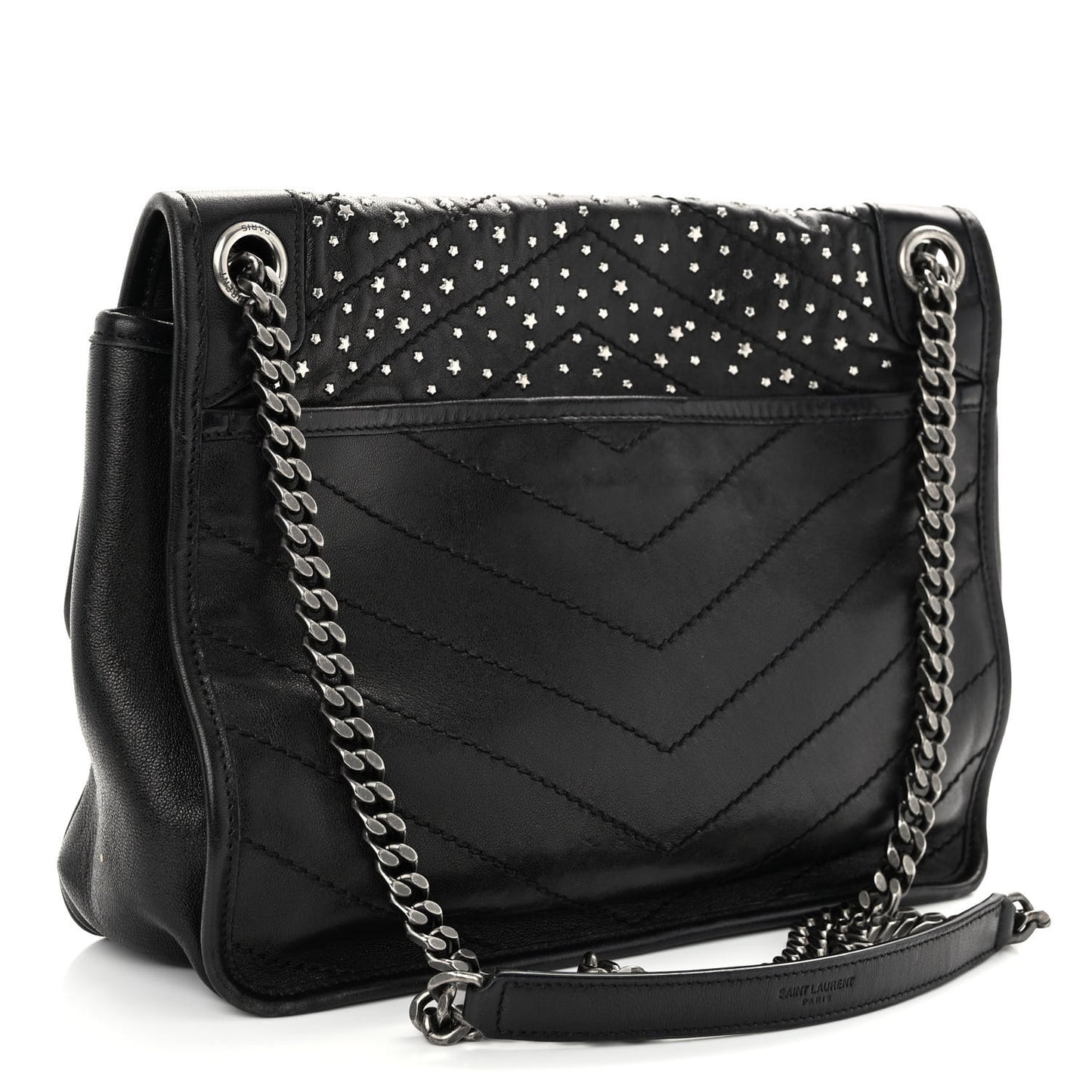 Calfskin Matelasse Monogram Studded Stardust Medium Niki Chain Satchel Black