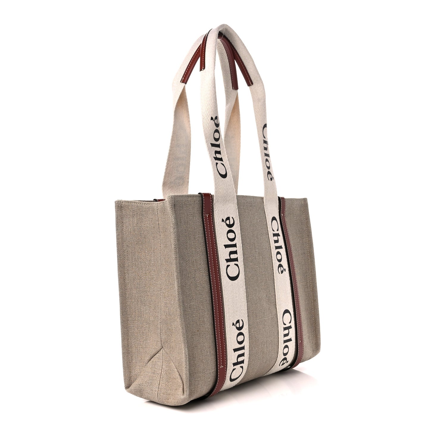 Linen Calfskin Medium Woody Ribbon Tote White Brown