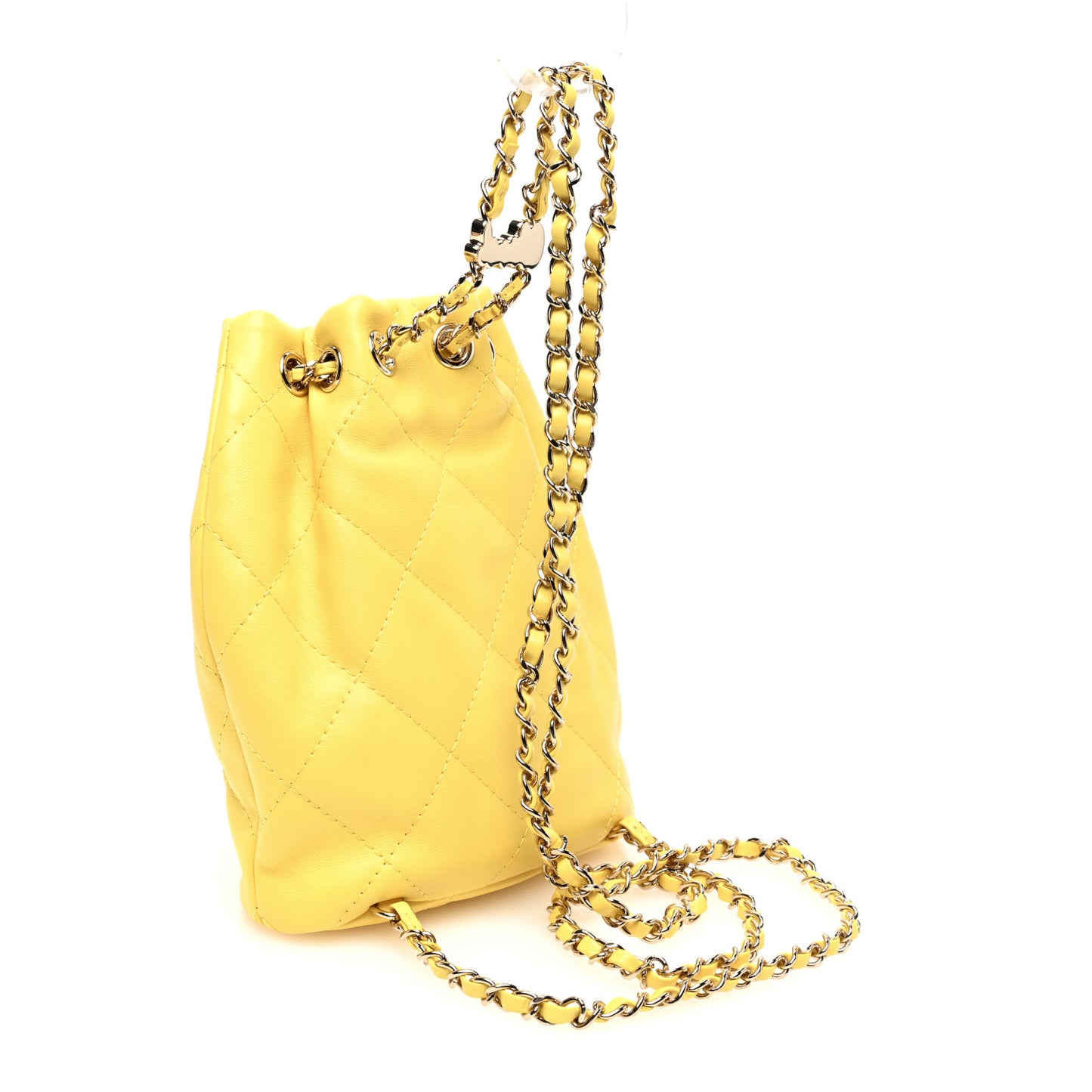 Shiny Lambskin Quilted Drawstring Backpack Yellow