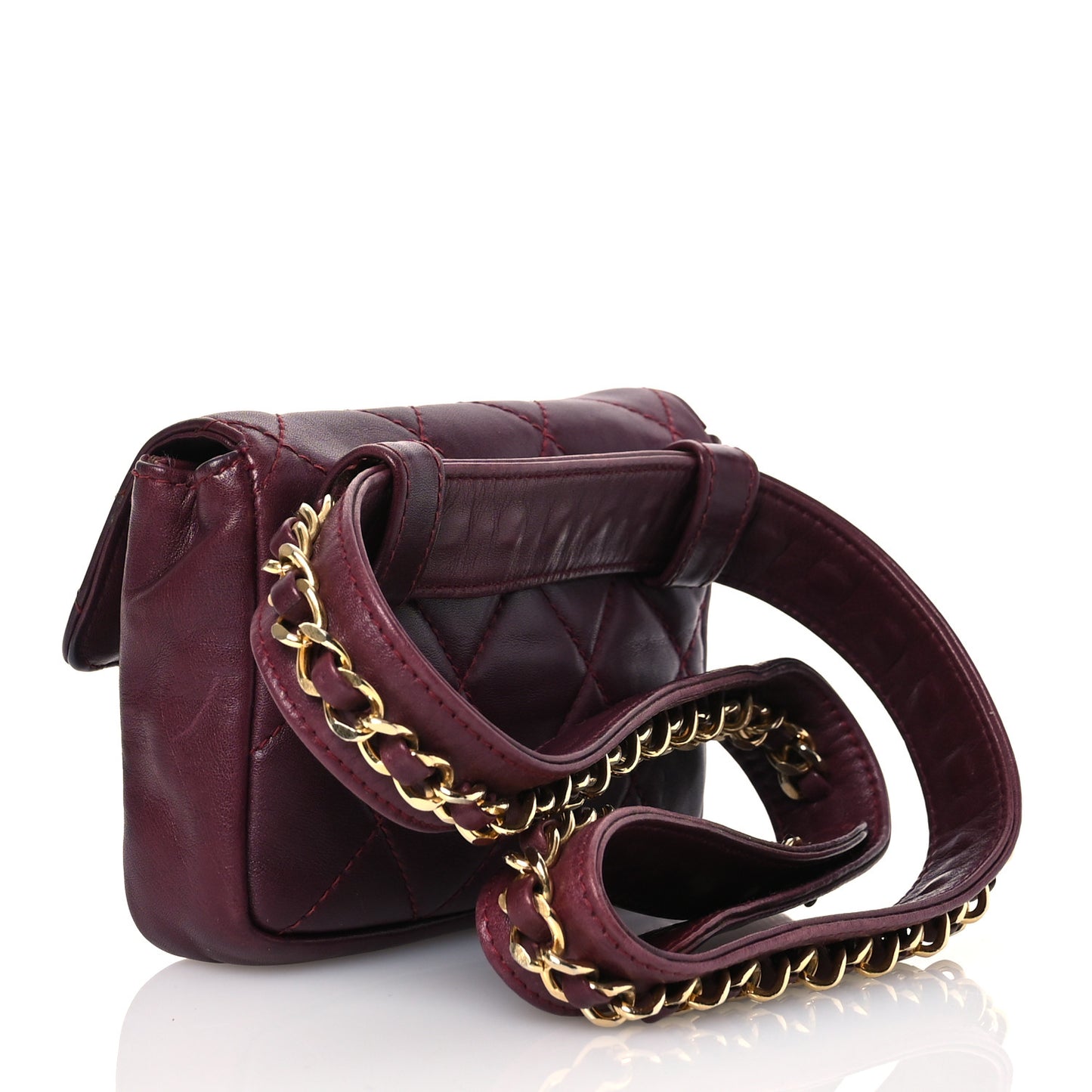 Lambskin Diamond Stitched Waist Chain Belt Flap Bag Burgundy