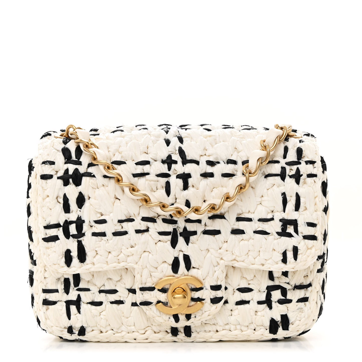 Raffia Effect Tweedy Mini Flap Bag White Black