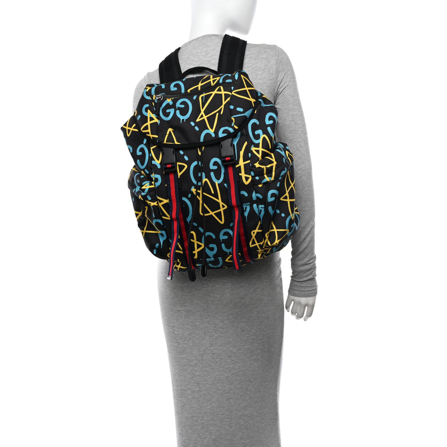 Gucci Techno Canvas GucciGhost Double Buckle Backpack Black New Acquamarine 2 of 12