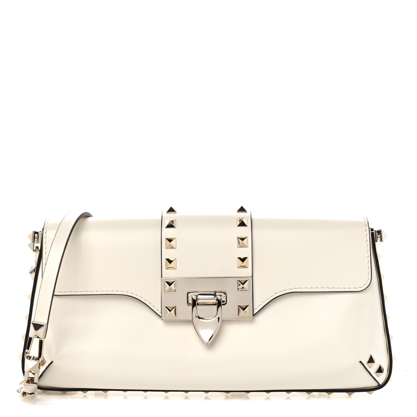 Brushed Calfskin Rockstud Flip Lock Chain Shoulder Bag White