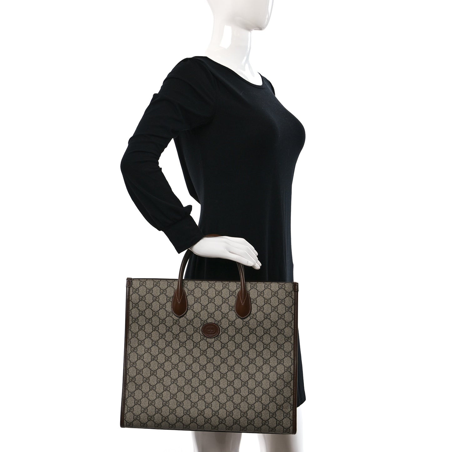 GG Supreme Monogram Azalea Calfskin Medium Retro Interlocking G Tote Bag Beige Ebony Brown Sugar