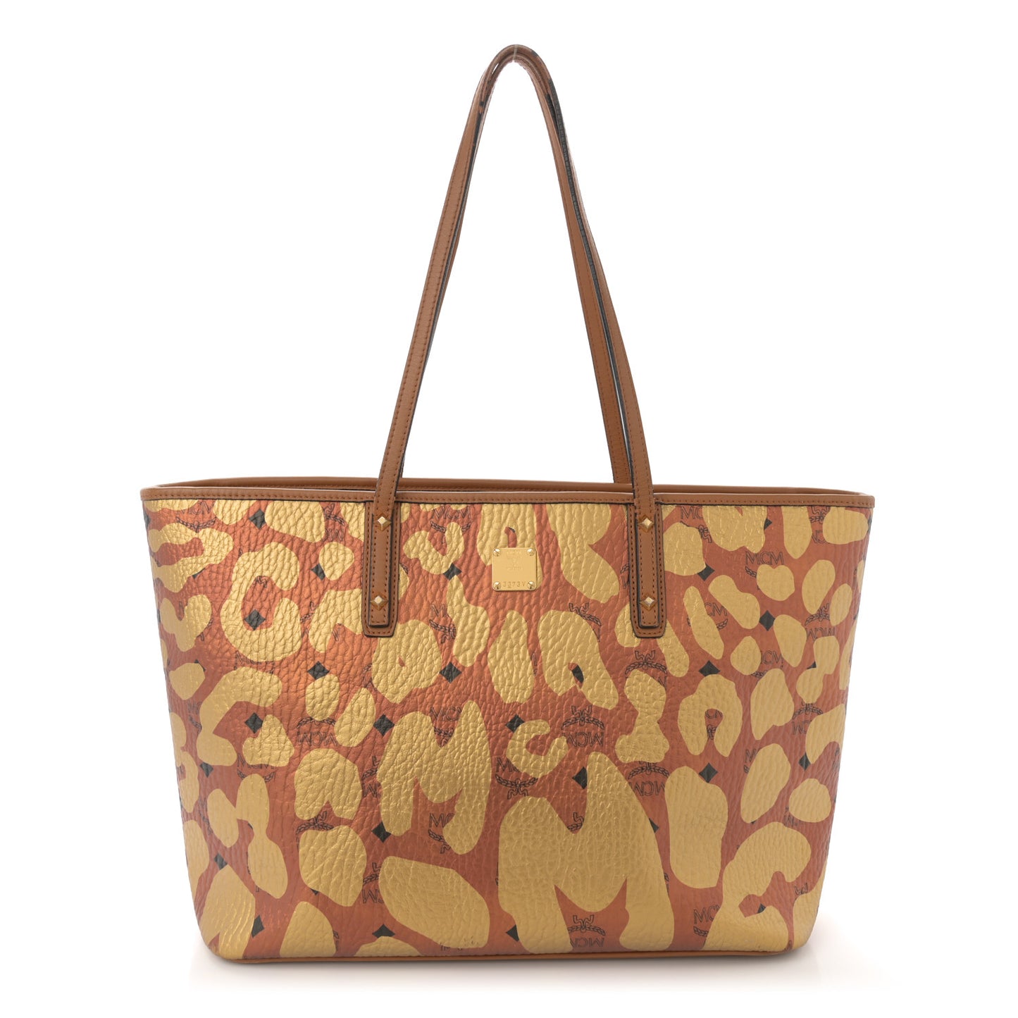Visetos Metallic Leopard Print Medium Anya Shopper Tote Cognac