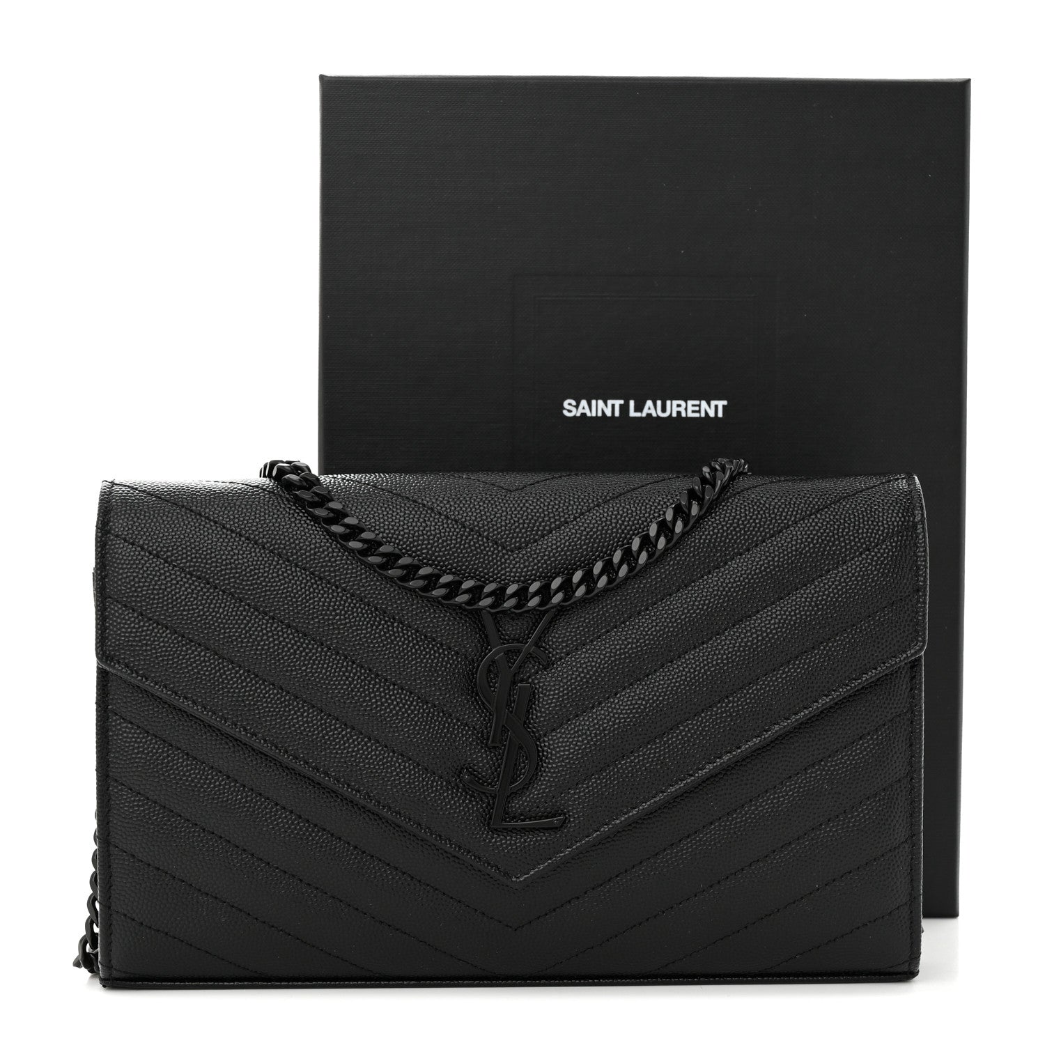 Saint Laurent Grain De Poudre Matelasse Chevron Monogram Monochrome Chain Wallet Black 12 of 12