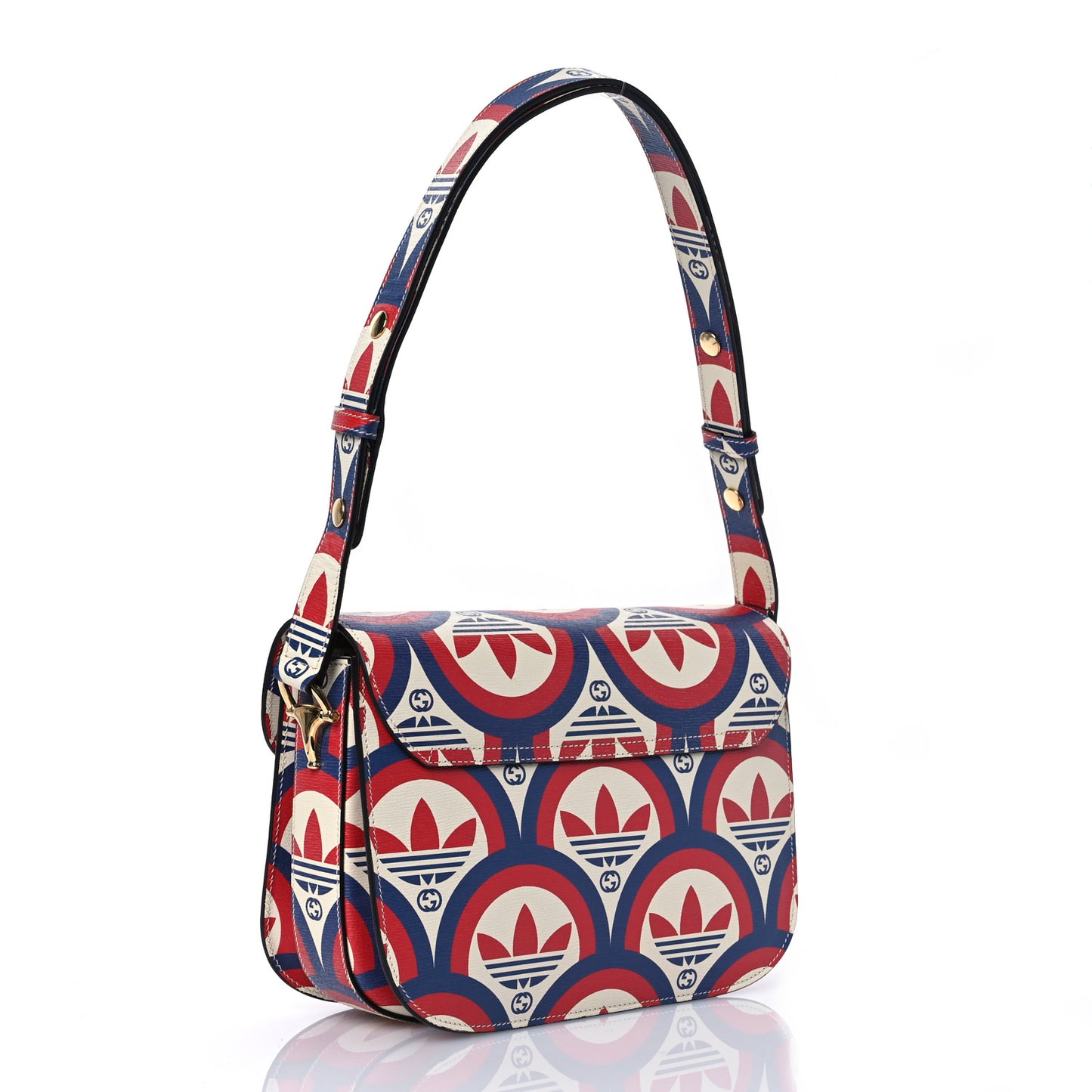X ADIDAS Shangai Calfskin Web Trefoil Interlocking G Small Horsebit 1955 Shoulder Bag Red White Blue