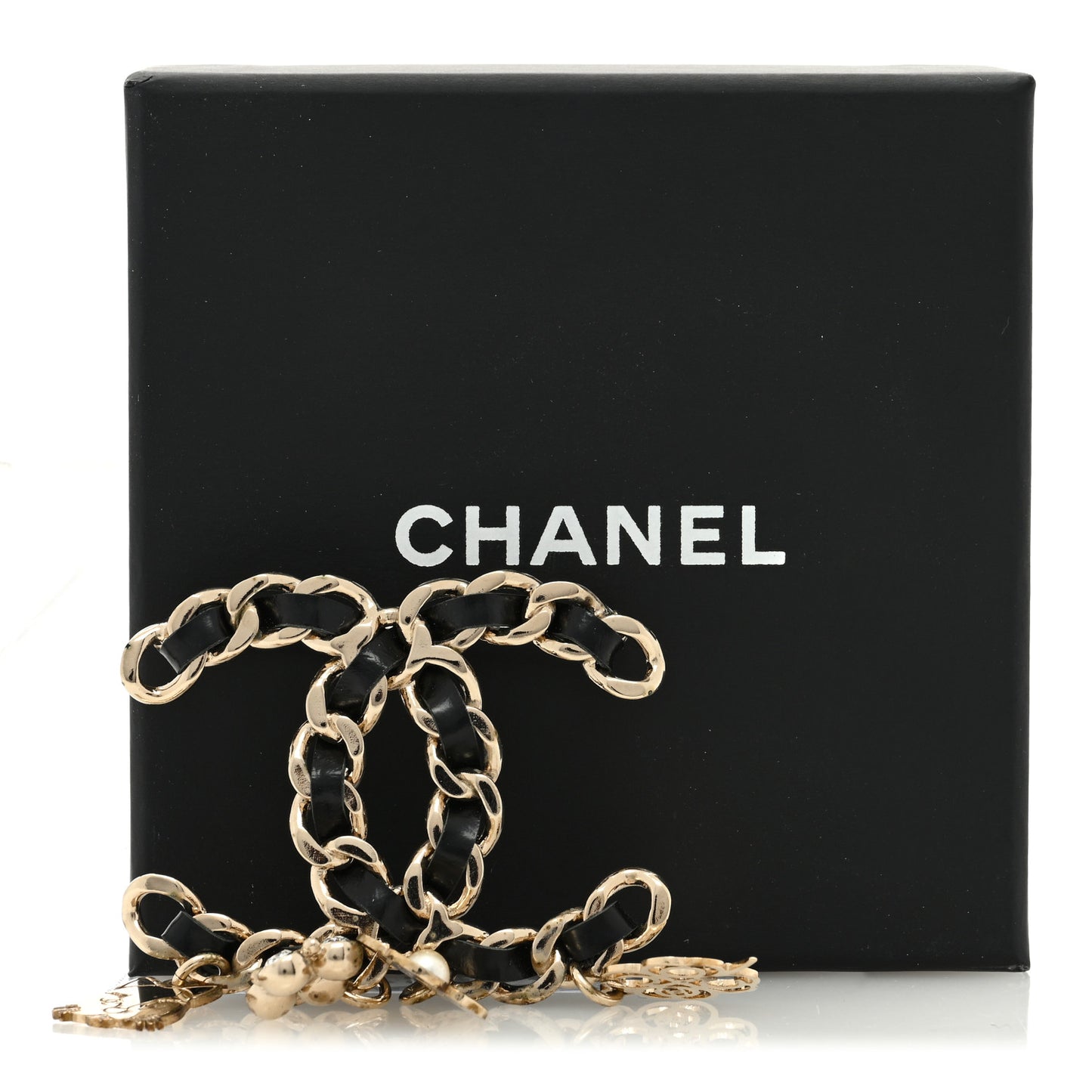 Lambskin Crystal Chain CC Charms Brooch Black Gold