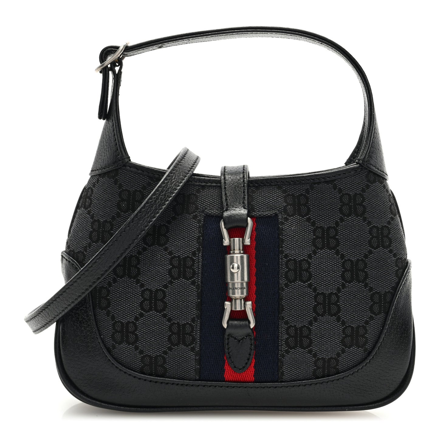 X BALENCIAGA BB Monogram Calfskin Web Mini Jackie 1961 Hobo Black