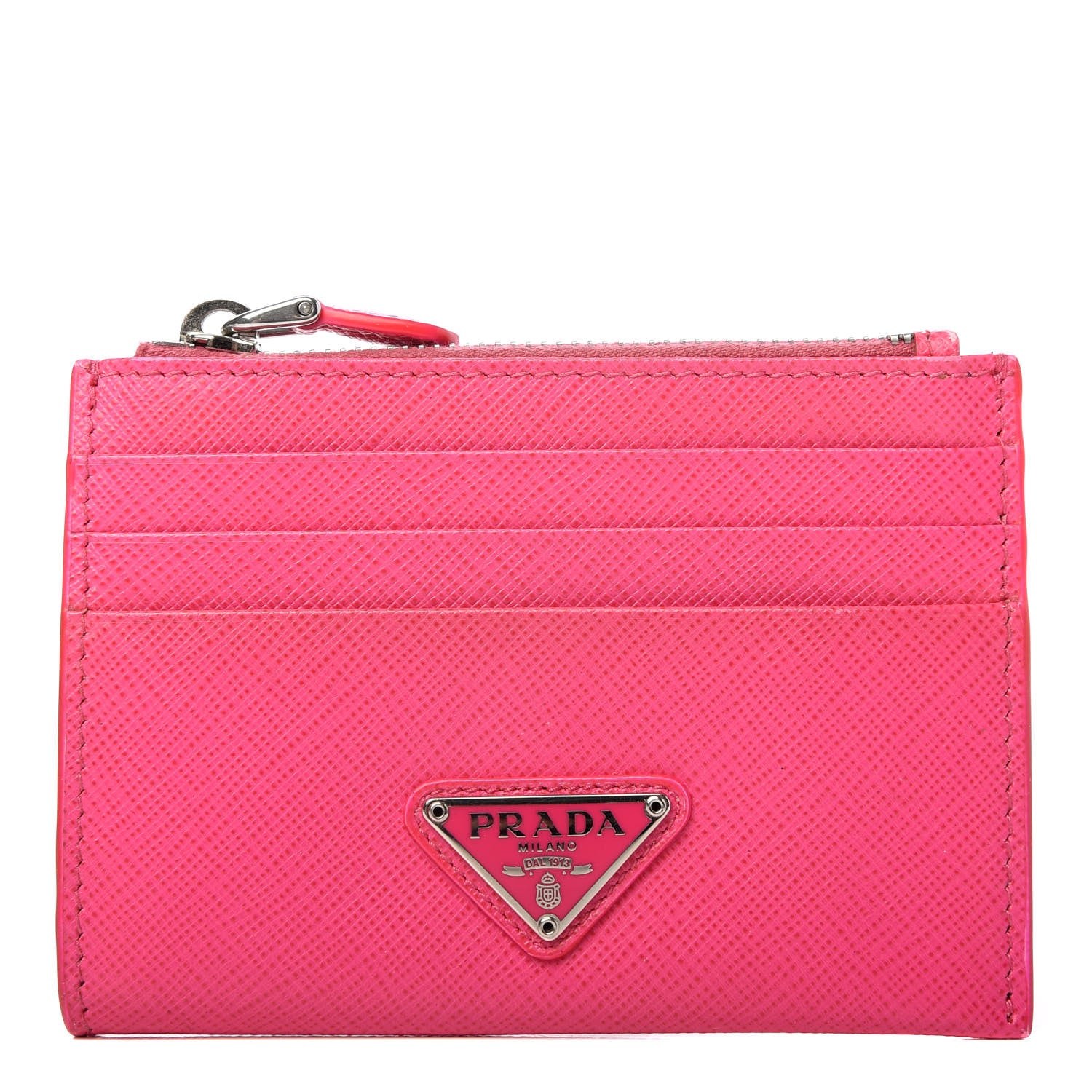 Prada Saffiano Metal Zip Card Holder Neon Pink 682751 – FASHIONPHILE