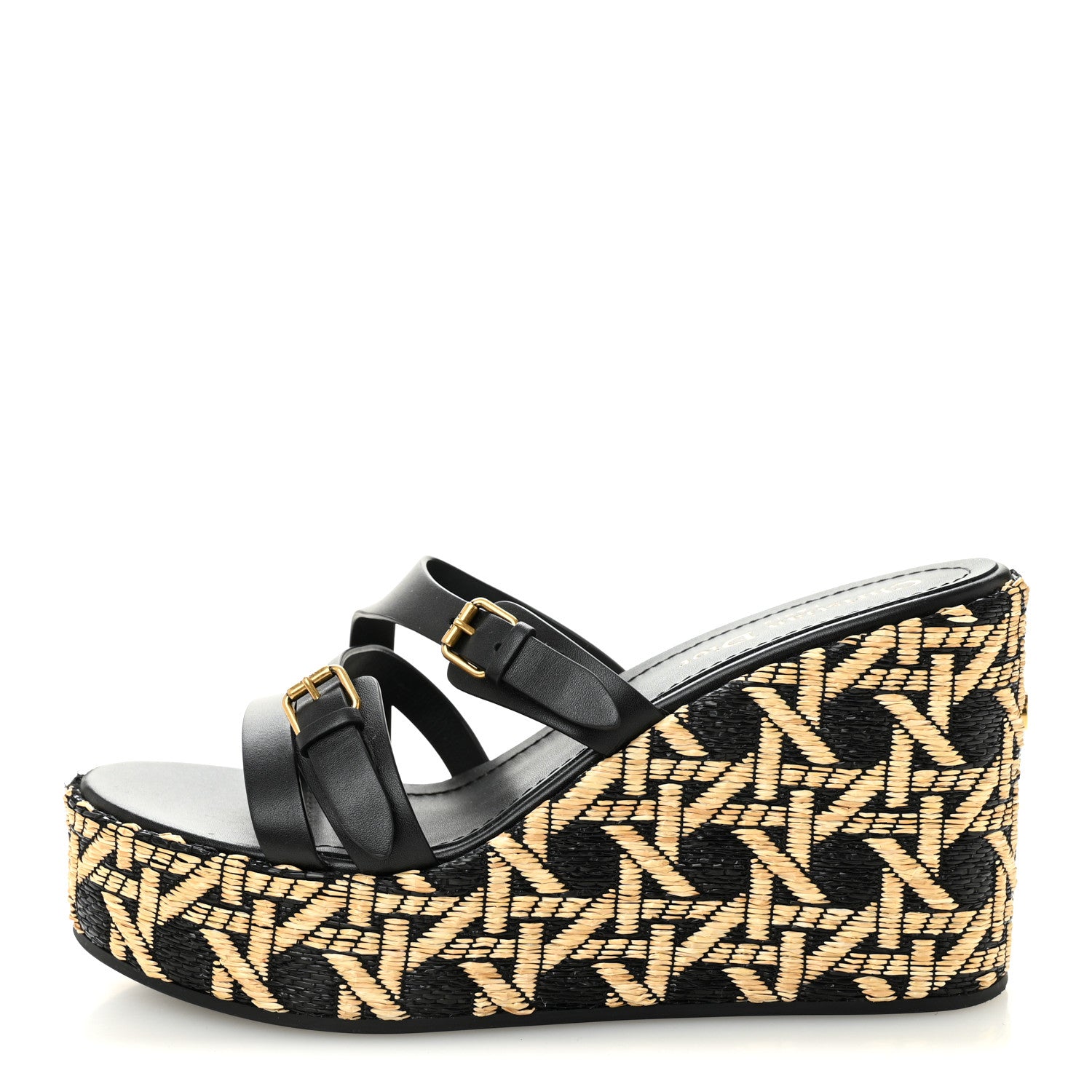 Christian Dior Raffia Calfskin L'Amazone Wedge Sandals 37 Black