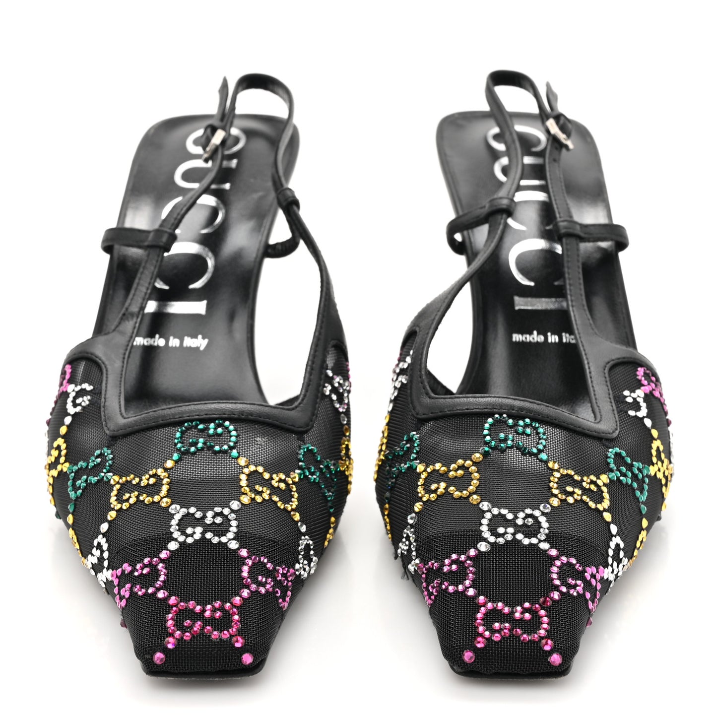 Tela Retino Nappa Charlotte Crystal GG Monogram Square G 75mm Slingback Pumps 40 Black