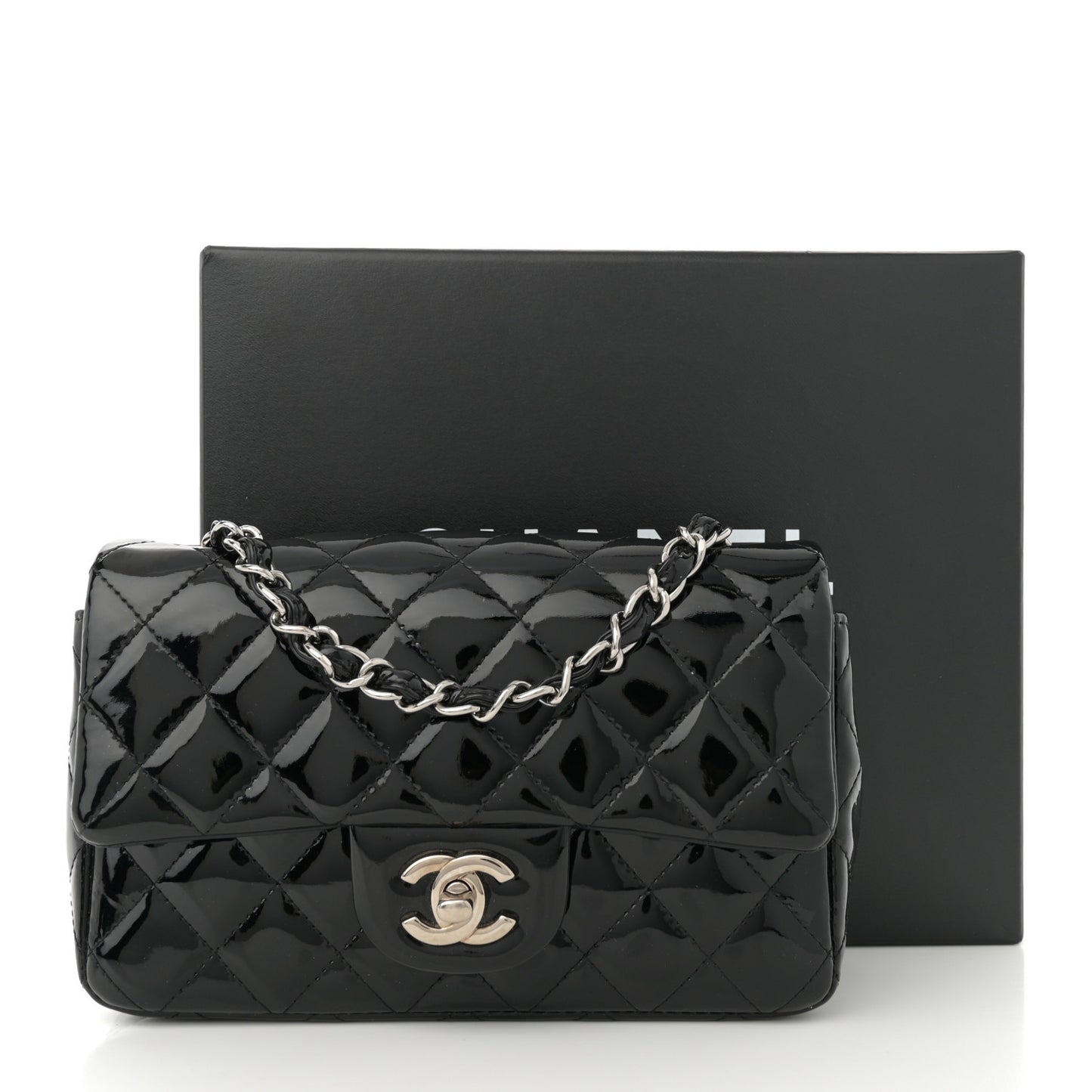 Patent Calfskin Quilted Mini Rectangular Flap Black
