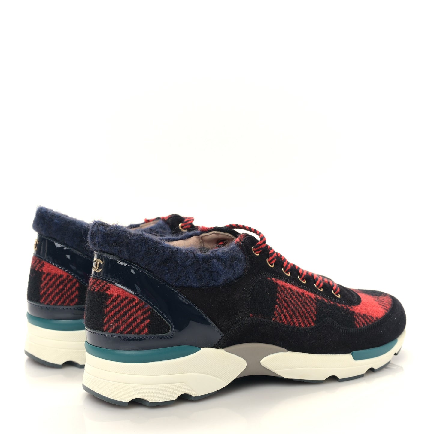 Tweed Suede Patent Calfskin Sneakers 36.5 Red Black Navy