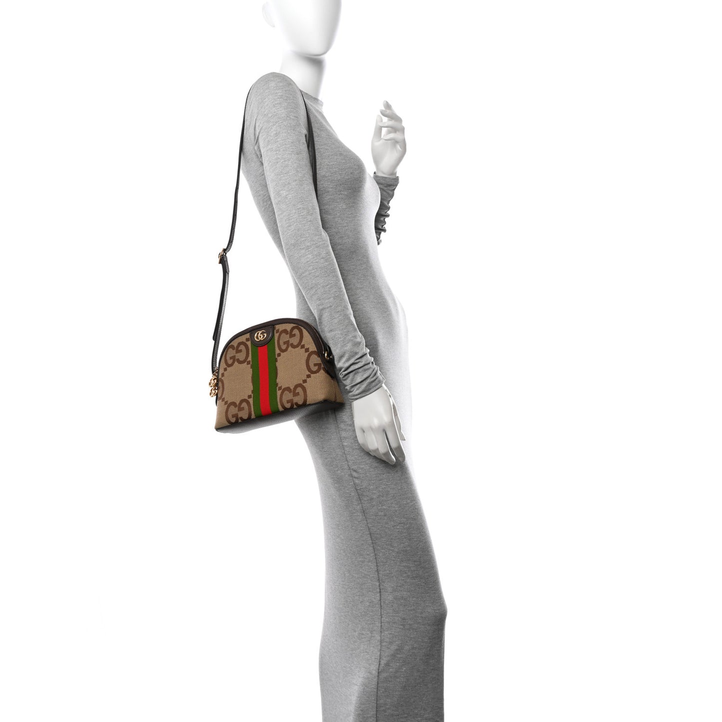 Monogram Jumbo GG Textured Dollar Calfskin Web Small Ophidia Dome Shoulder Bag Camel Ebony New Acero