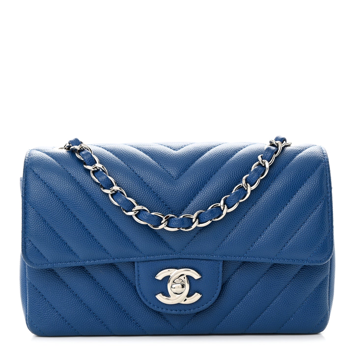 Caviar Chevron Quilted Mini Rectangular Flap Blue