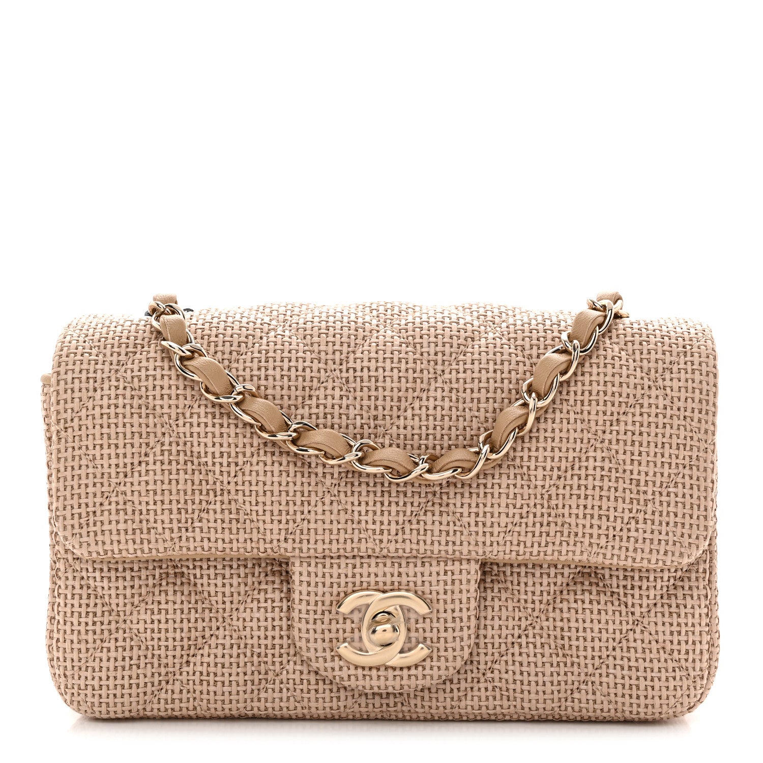 Chanel Braided Raffia Quilted Mini Rectangular Flap Dark Beige
