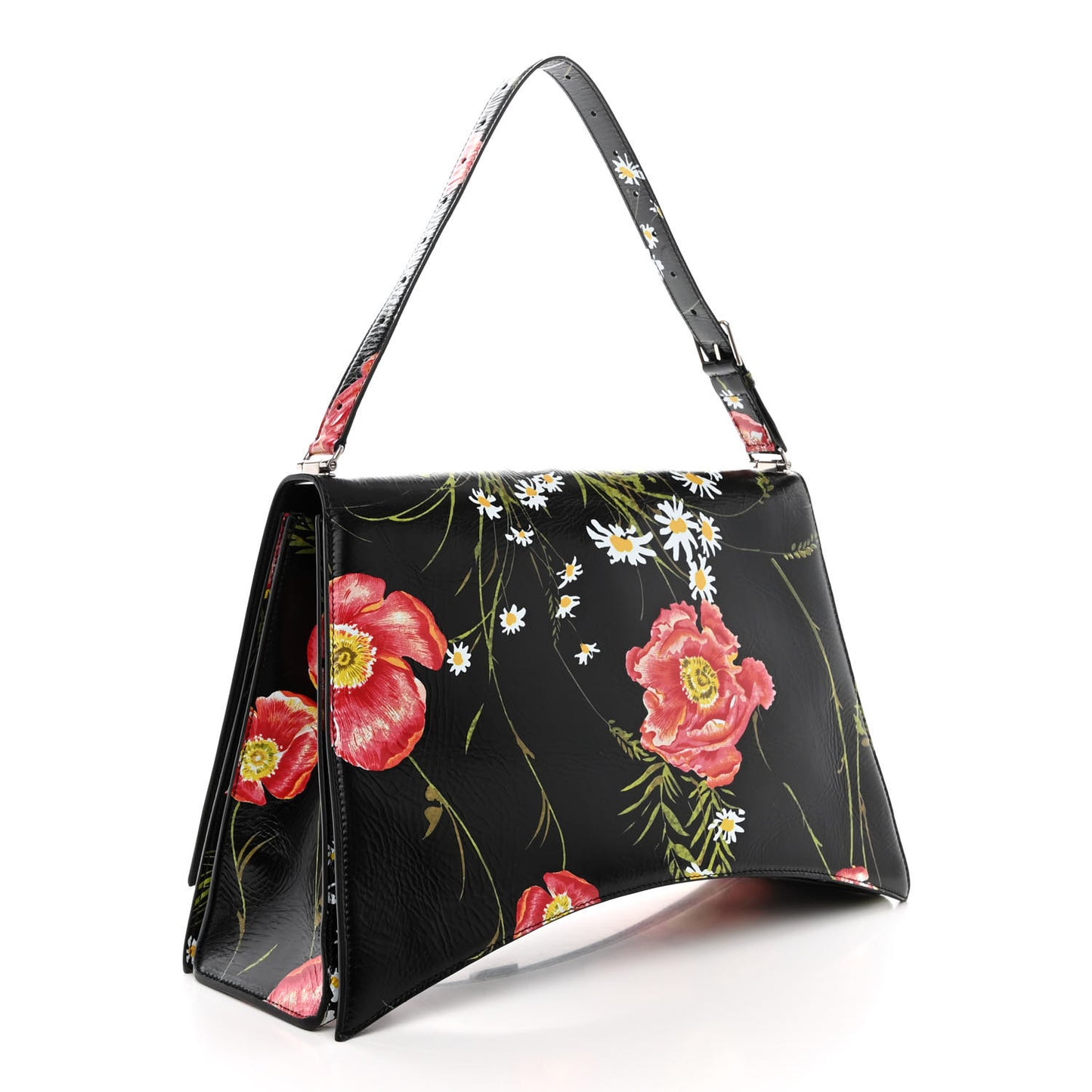 Shiny Paper Calfskin Floral Print Large Crush Sling Bag Black Red