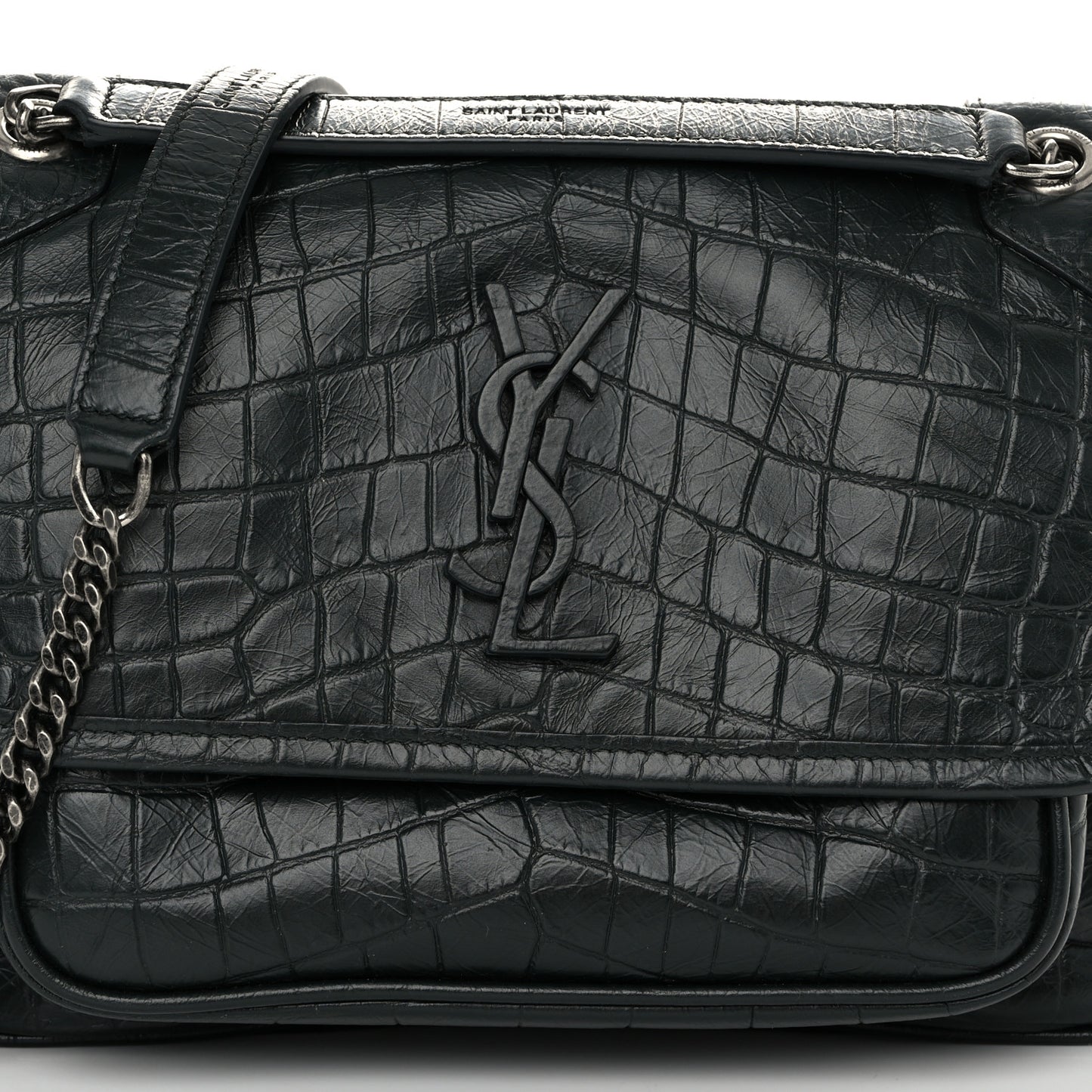 Calfskin Crocodile Embossed Matelasse Monogram Baby Niki Chain Satchel Algea