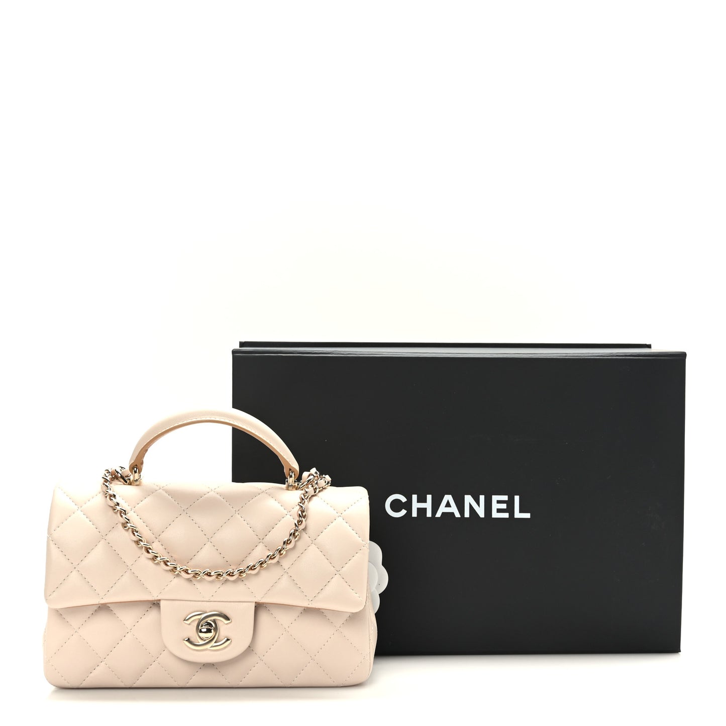 Lambskin Quilted Bi-Color Mini Top Handle Rectangular Flap Ecru Dark Beige