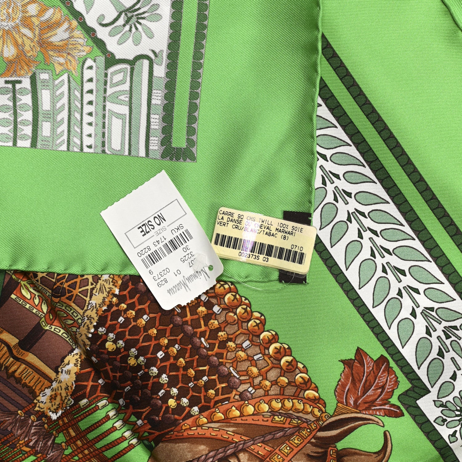 Hermes Silk La Danse du Cheval Marwari Scarf 90 Vert Cru White Tabac 6 of 6