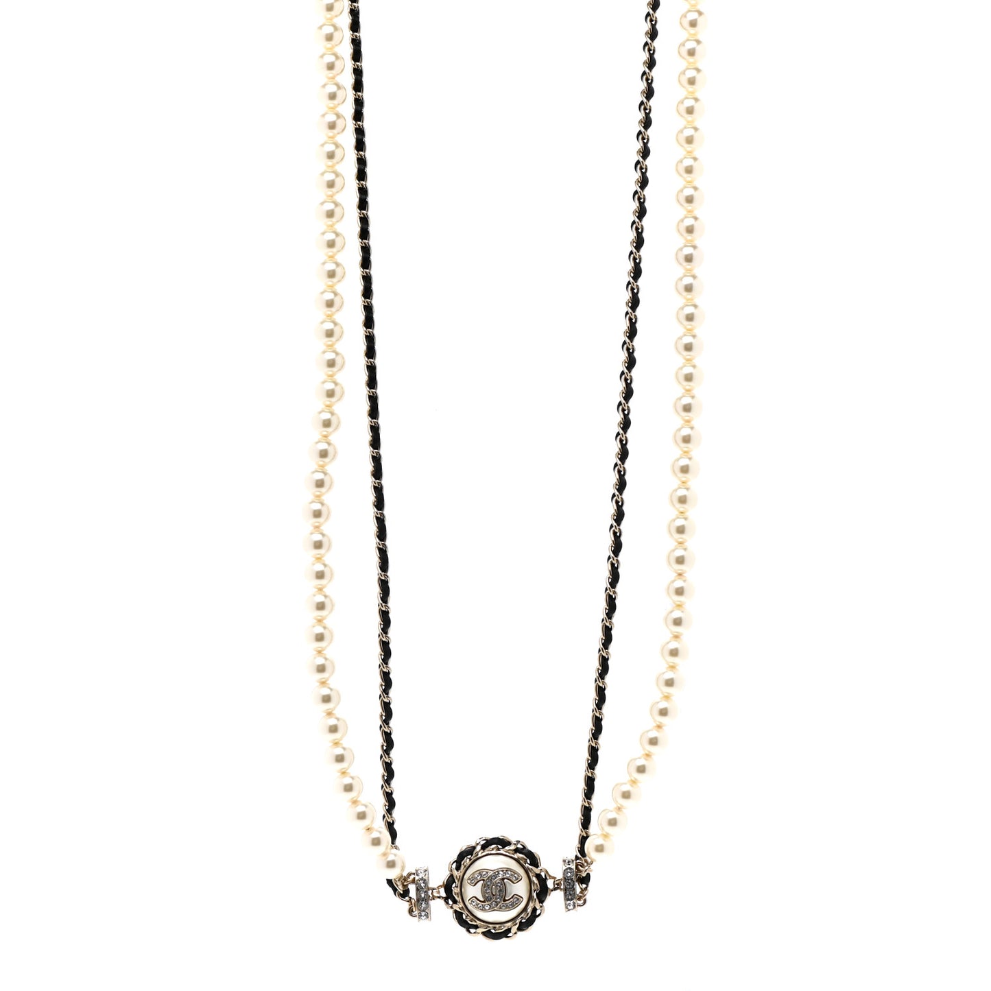 Pearl Crystal Lambskin CC Long Necklace Gold Black